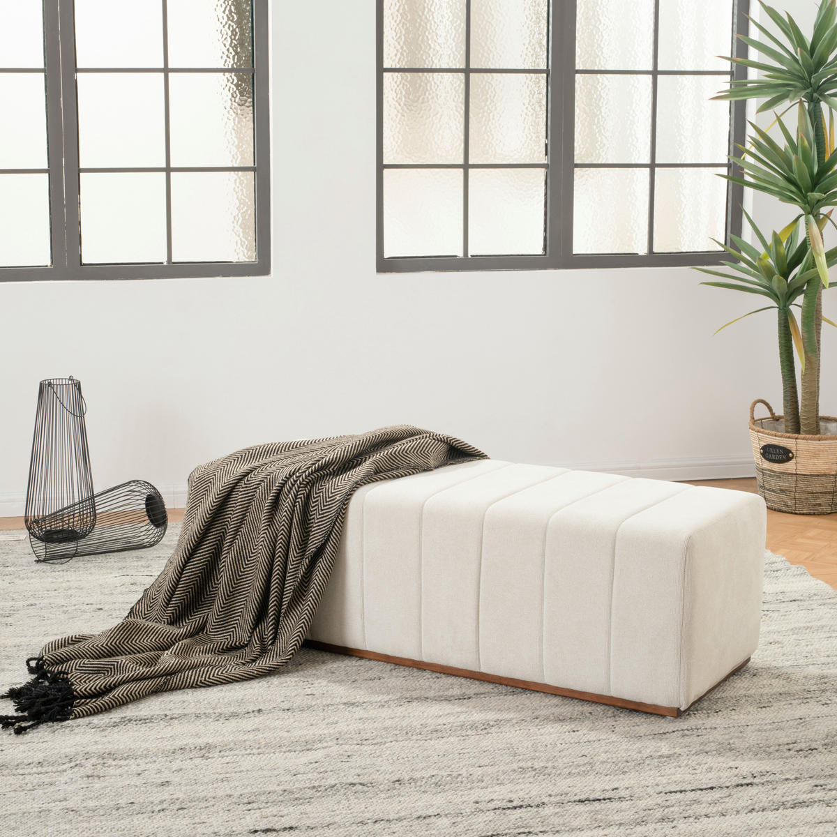 HOCKERBANK 122/41/45 cm Webstoff Beige Kiefer Sperrholz  - Beige/Naturfarben, Design, Holz/Textil (122/41/45cm) - MID.YOU