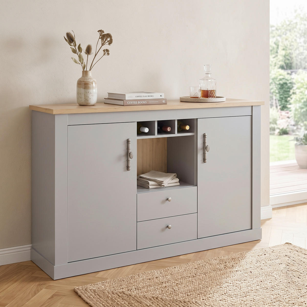 SIDEBOARD  166/100/44 cm 2 Schublade(n)  - Eichefarben/Silberfarben, Design, Holzwerkstoff/Metall (166/100/44cm) - MID.YOU