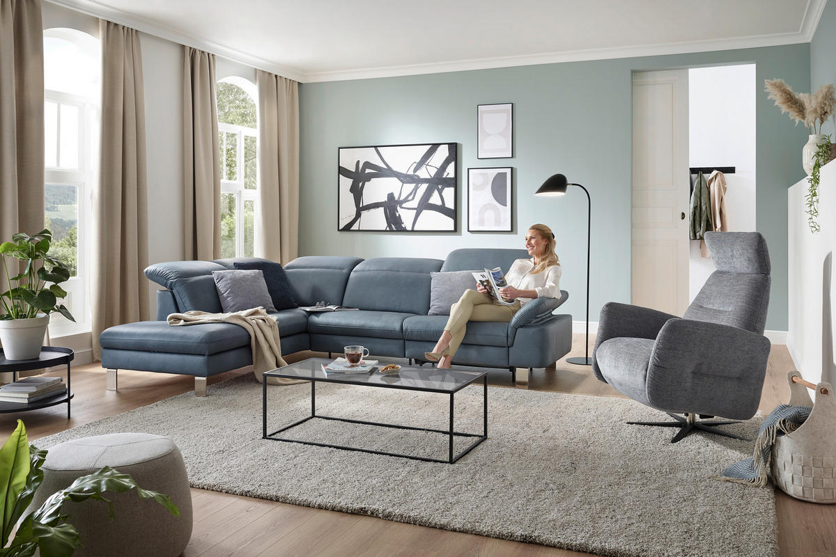 ECKSOFA in Echtleder Blaugrau  - Edelstahlfarben/Blaugrau, Design, Leder/Metall (309/233cm) - Dieter Knoll