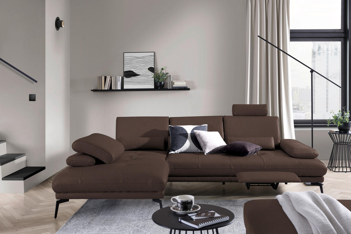 ECKSOFA in Echtleder Braun  - Schwarz/Braun, Design, Leder/Metall (187/273cm) - Celina Home