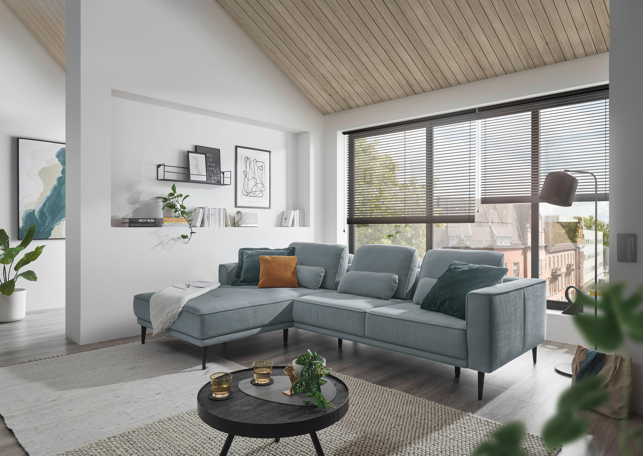 Thumbnail - SetOne by Musterring Ecksofa, Blaugrau, Textil, 3-Sitzer, Füllung: Kaltschaum, L-Form, Ottomane links, 279x193 cm, Made ...