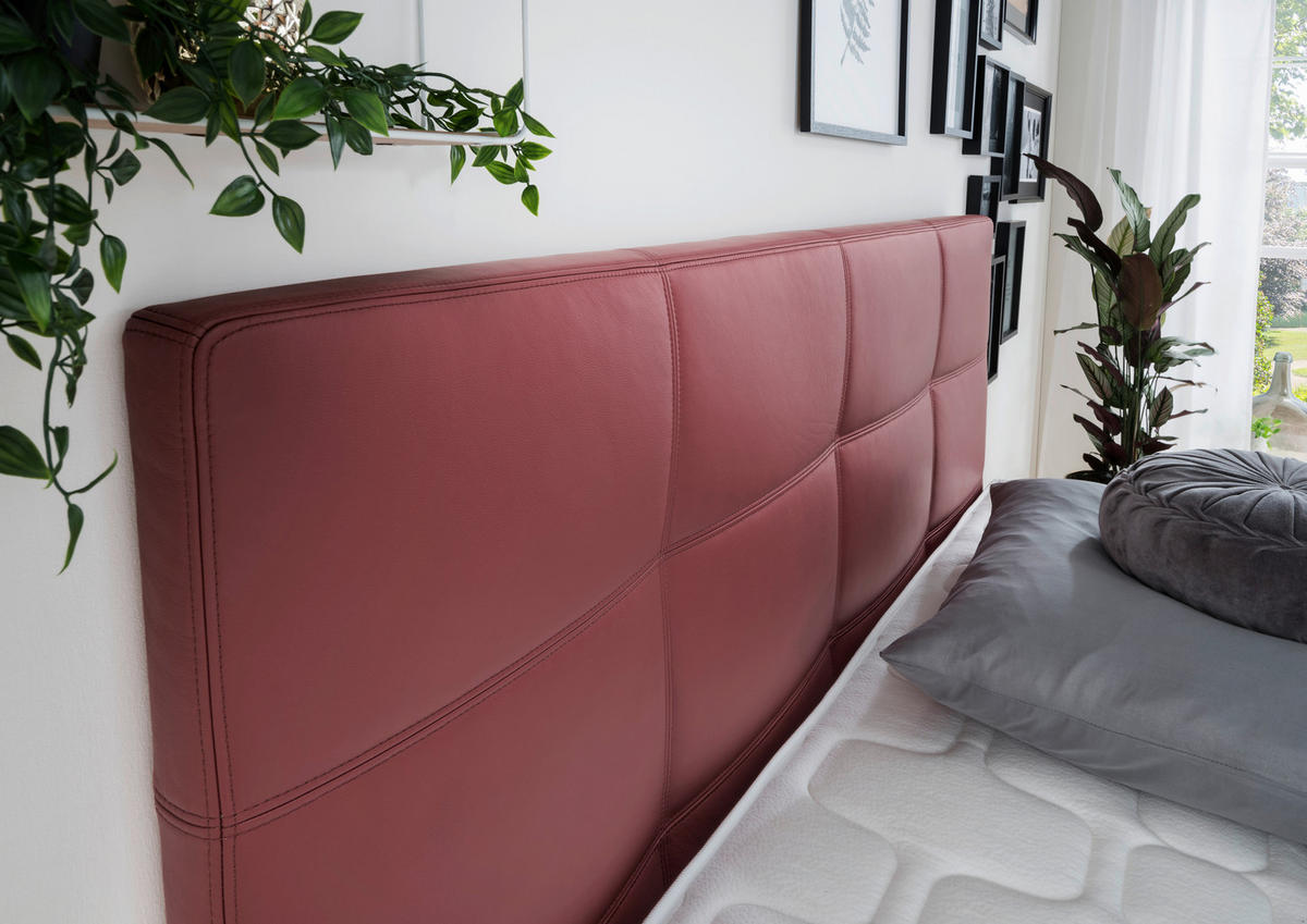 BOXSPRINGBETT 180/200 cm,  in Bordeaux, Matratze, gepolstertes Kopfteil, Topper, H3 + H4 = fest + sehr fest  - Chromfarben/Bordeaux, KONVENTIONELL, Leder/Textil (180/200cm) - Novel