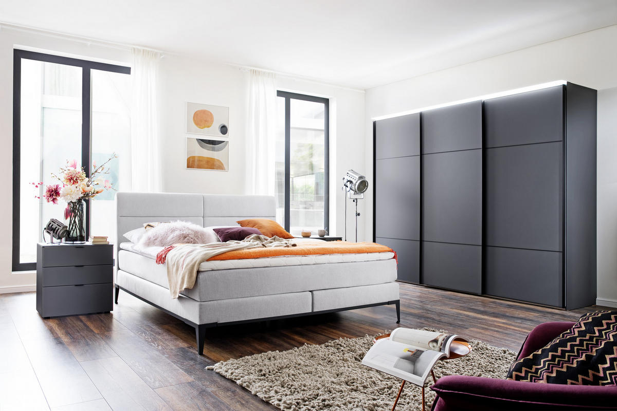  SCHWEBETÜRENSCHRANK 3-türig  - Schwarz/Grau, Design, Glas/Holzwerkstoff (249/222cm) - Moderano
