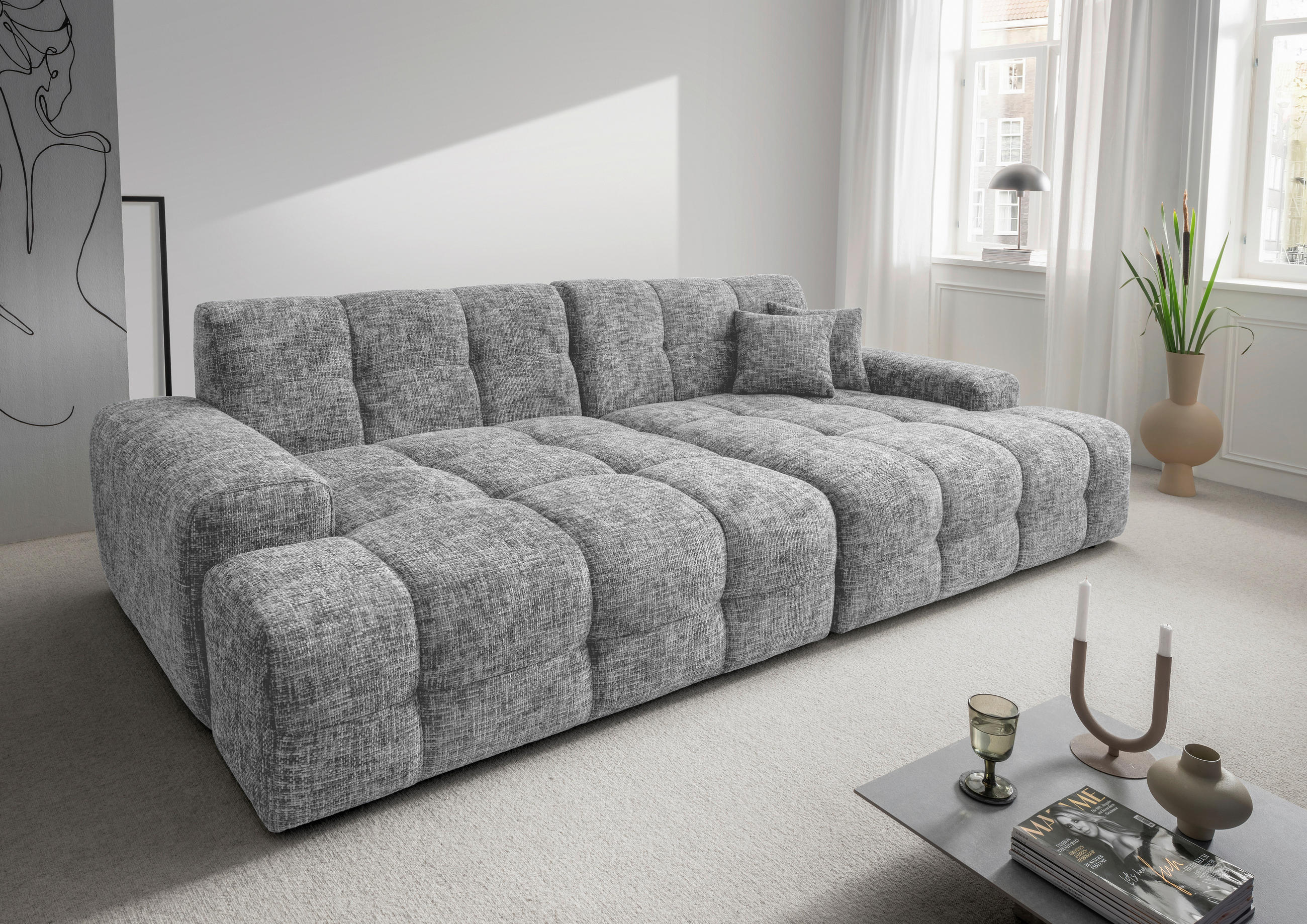 BIGSOFA in Struktur Silberfarben  - Silberfarben/Schwarz, MODERN, Kunststoff/Textil (304/87/155cm) - Livetastic