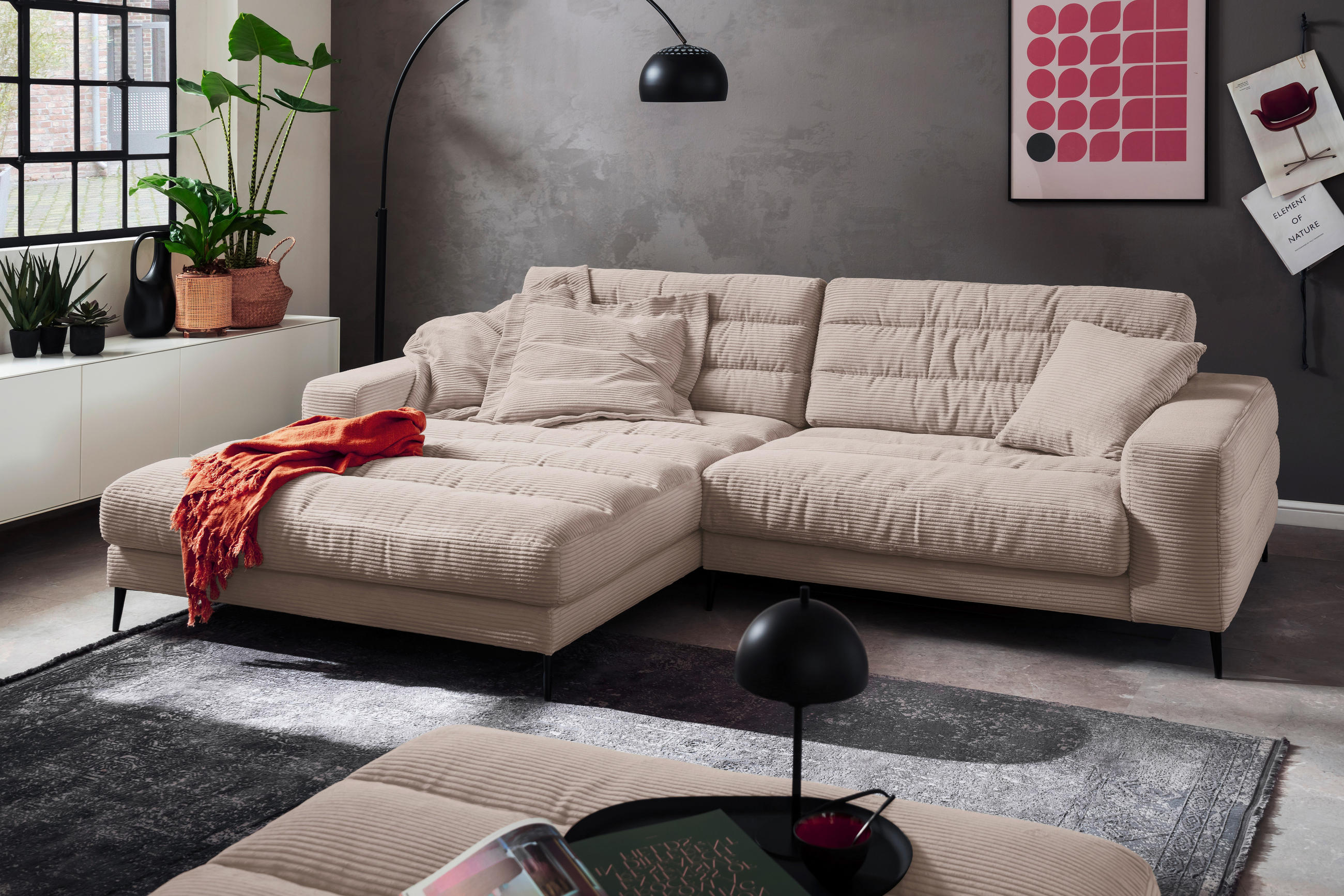 ECKSOFA in Cord Taupe  - Taupe/Schwarz, Design, Textil/Metall (207/296cm) - Dieter Knoll