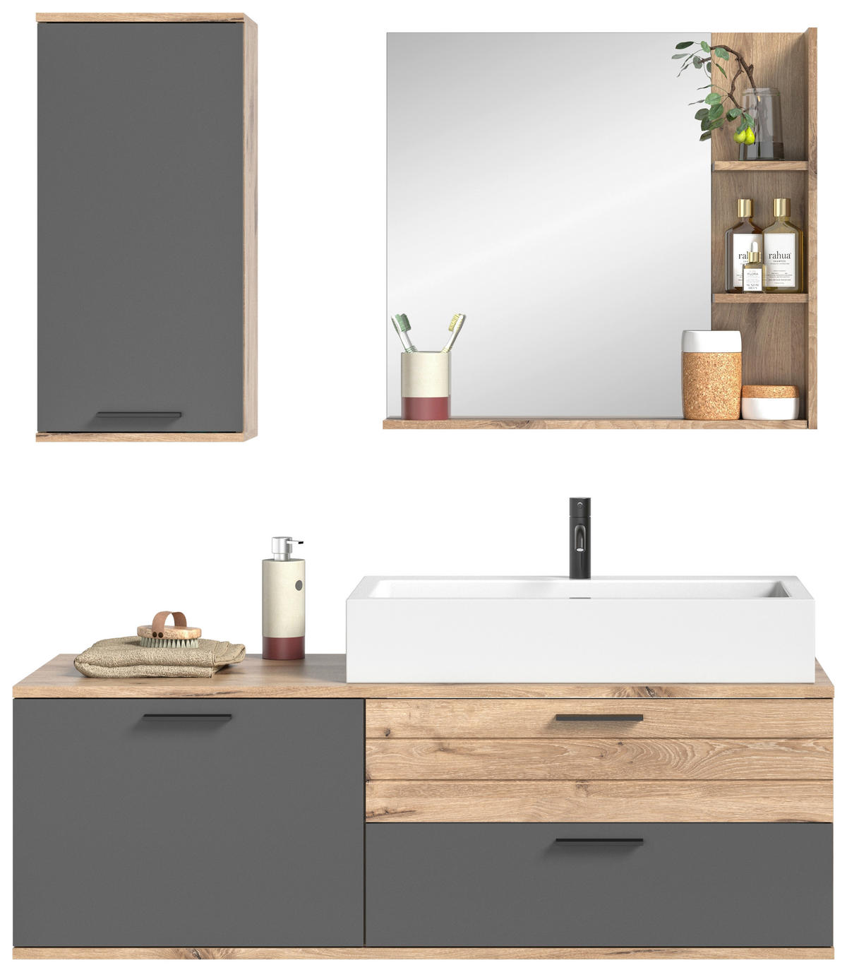 BADEZIMMER 3-teilig  in 140 cm  - Eichefarben/Weiß Hochglanz, MODERN, Glas/Keramik (140cm) - MID.YOU