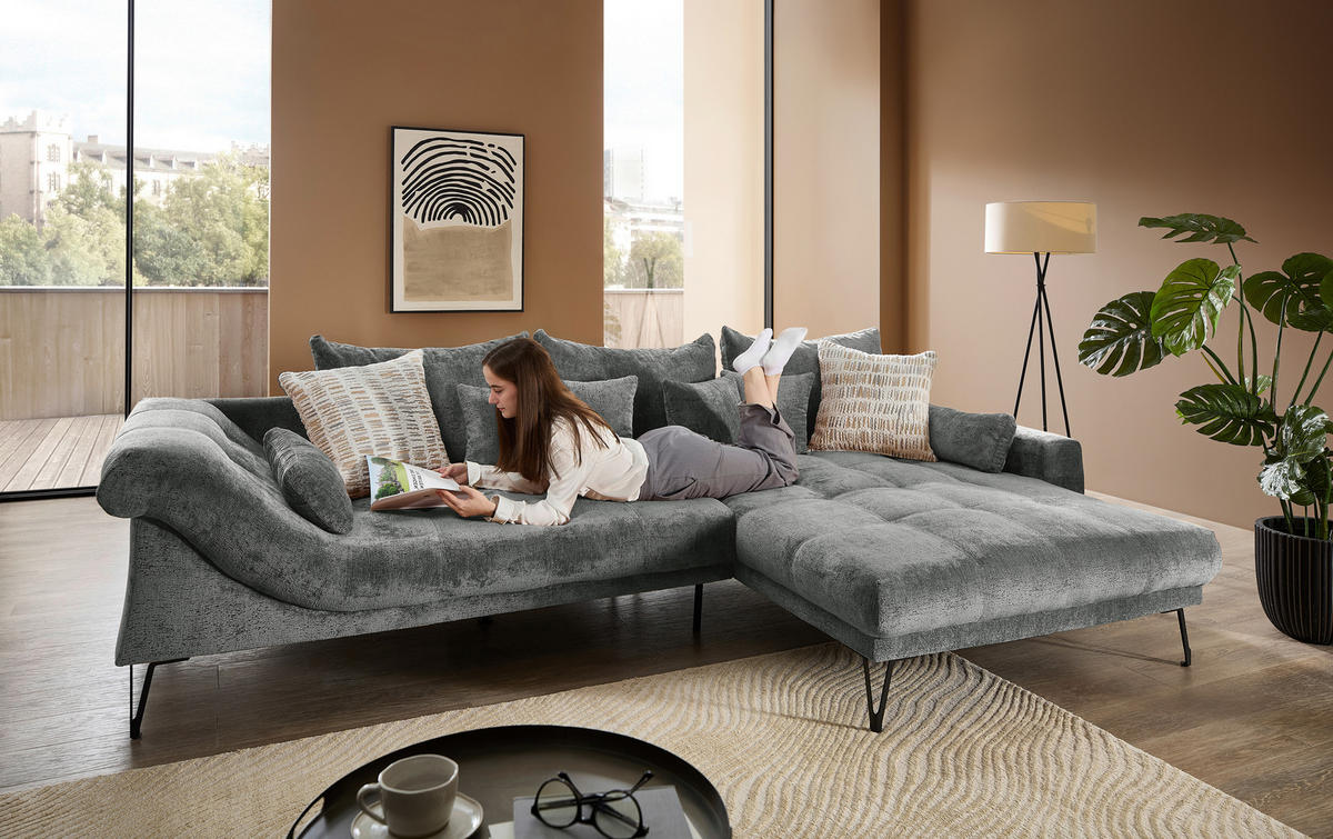 ECKSOFA GARDA Anthrazit Chenille Zierkissen, Rückenkissen, Nierenkissen, Rücken echt  - Anthrazit/Schwarz, KONVENTIONELL, Textil/Metall (310/192cm) - Livetastic