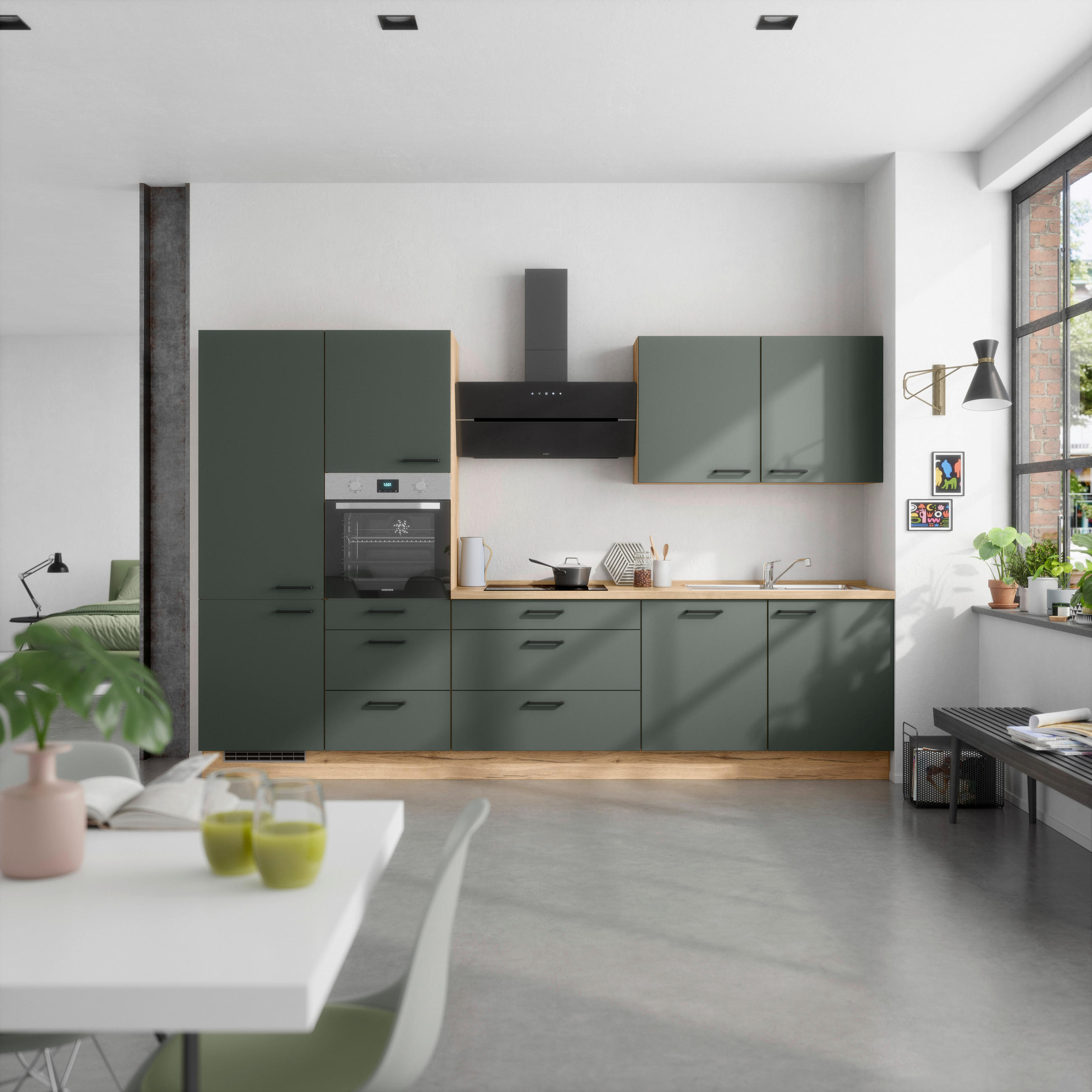 KÜCHENBLOCK 330 cm   in Eichefarben, Dunkelgrün  - Dunkelgrün/Eichefarben, MODERN, Holzwerkstoff/Metall (330cm) - Nobilia