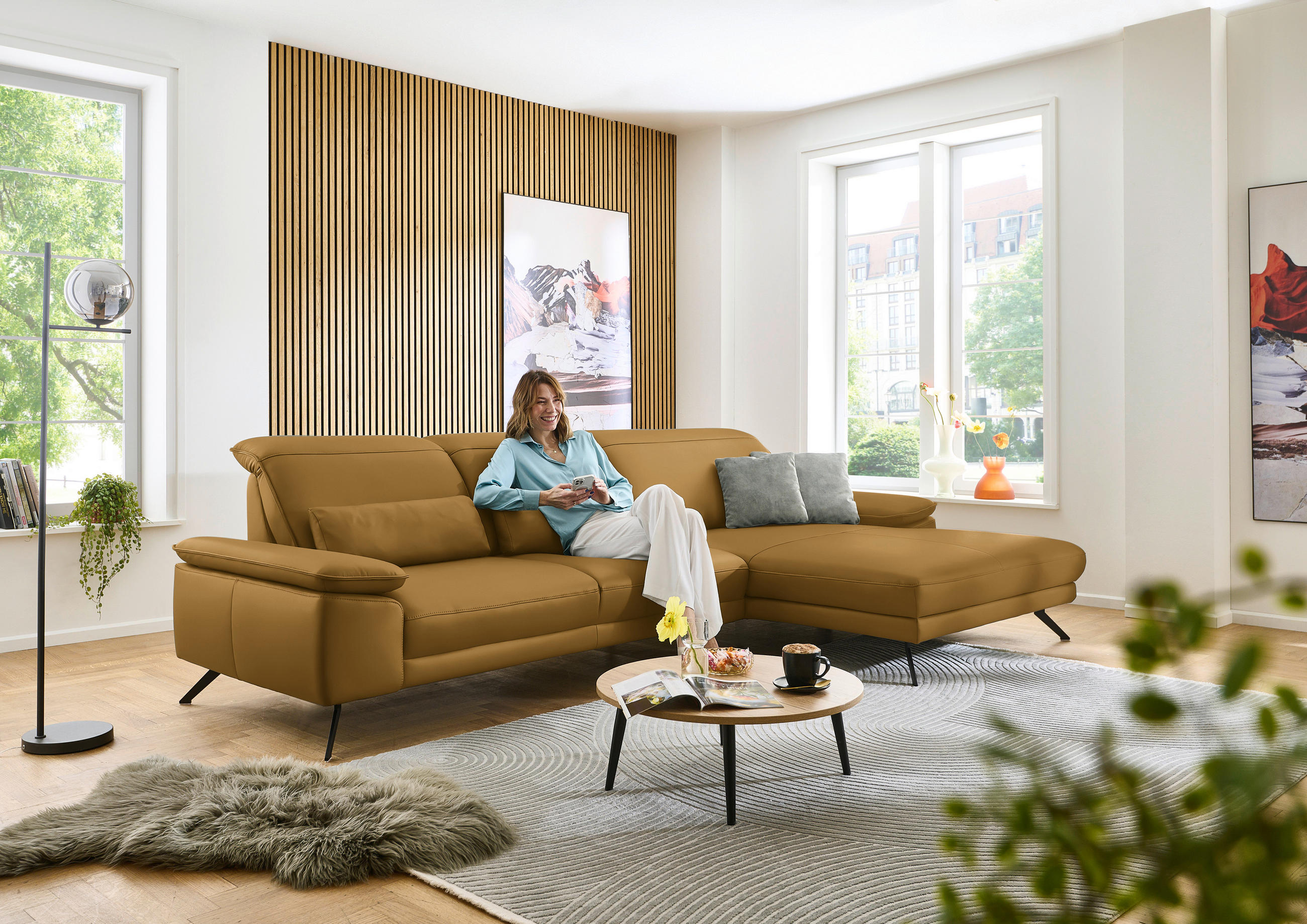 ECKSOFA in Echtleder Currygelb  - Currygelb/Schwarz, Design, Leder/Metall (332/193cm) - Dieter Knoll