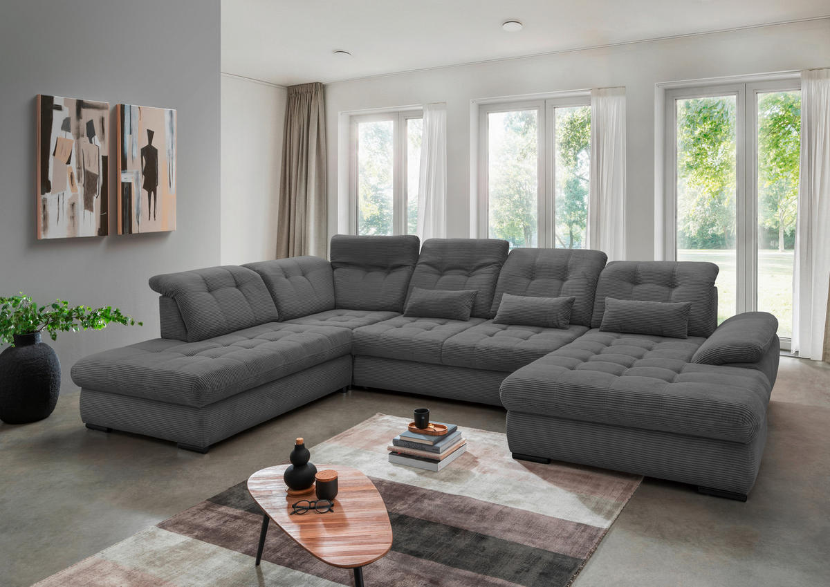 WOHNLANDSCHAFT in Cord Grau  - Schwarz/Grau, Modern, Textil/Metall (252/387/184cm) - Livetastic