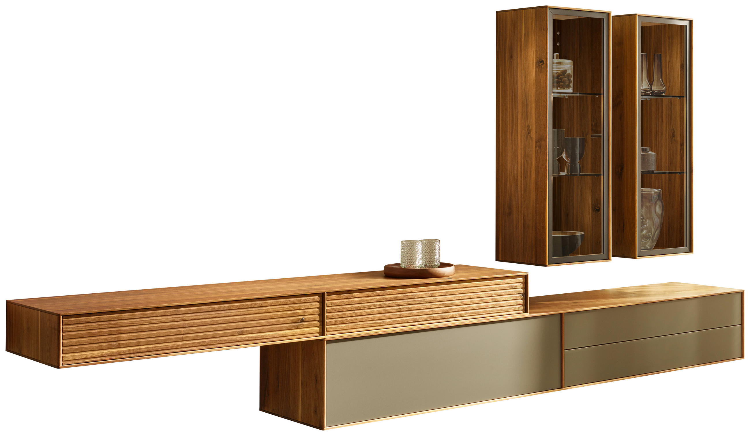 WOHNWAND  in Nussbaumfarben, Greige  336,8/184,2/47 cm  - Greige/Nussbaumfarben, Design, Glas/Holz (336,8/184,2/47cm) - Anrei