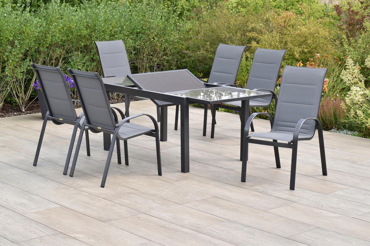 GARTENTISCHGRUPPE  - Graphitfarben/Braun, KONVENTIONELL, Glas/Textil - Gardenson