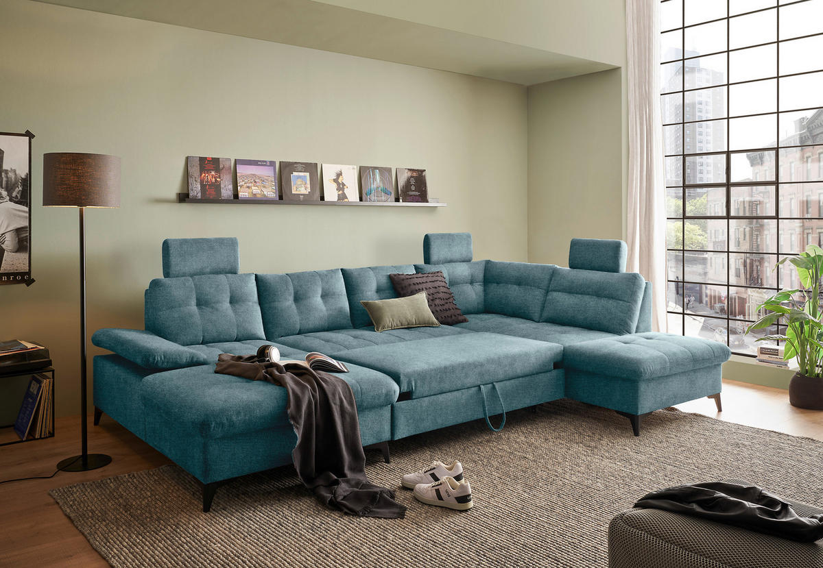 WOHNLANDSCHAFT Blau Webstoff  - Blau/Schwarz, KONVENTIONELL, Kunststoff/Textil (170/324/218cm) - Carryhome