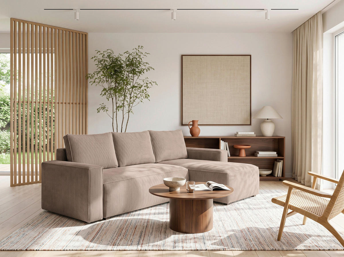 ECKSOFA Beige Cord Rückenkissen, Bettkasten, Schlaffunktion, Rücken echt, Liegefläche im Originalstoff  - Beige/Schwarz, MODERN, Kunststoff/Textil (232/140cm) - Xora
