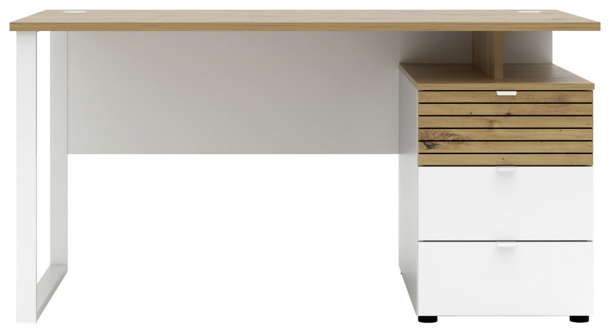 SCHREIBTISCH 150/77/73 cm Weiß, Eiche Artisan Kabeldurchlass, Stauraum  - Weiß/Eiche Artisan, KONVENTIONELL, Holzwerkstoff/Metall (150/77/73cm) - Voleo