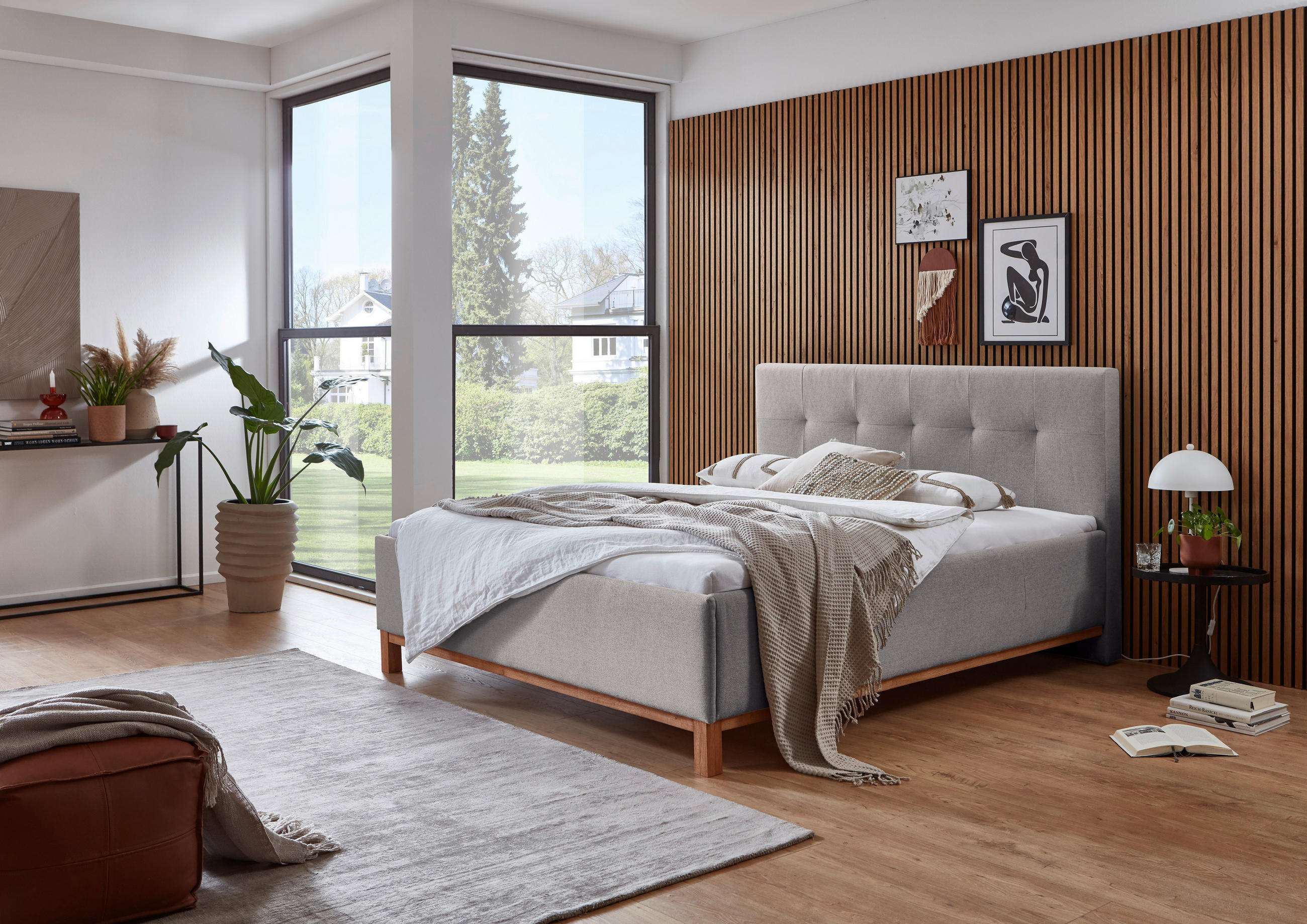 POLSTERBETT 180/200 cm,  in Hellgrau,  - Eichefarben/Hellgrau, MODERN, Holz/Textil (180/200cm) - Livetastic