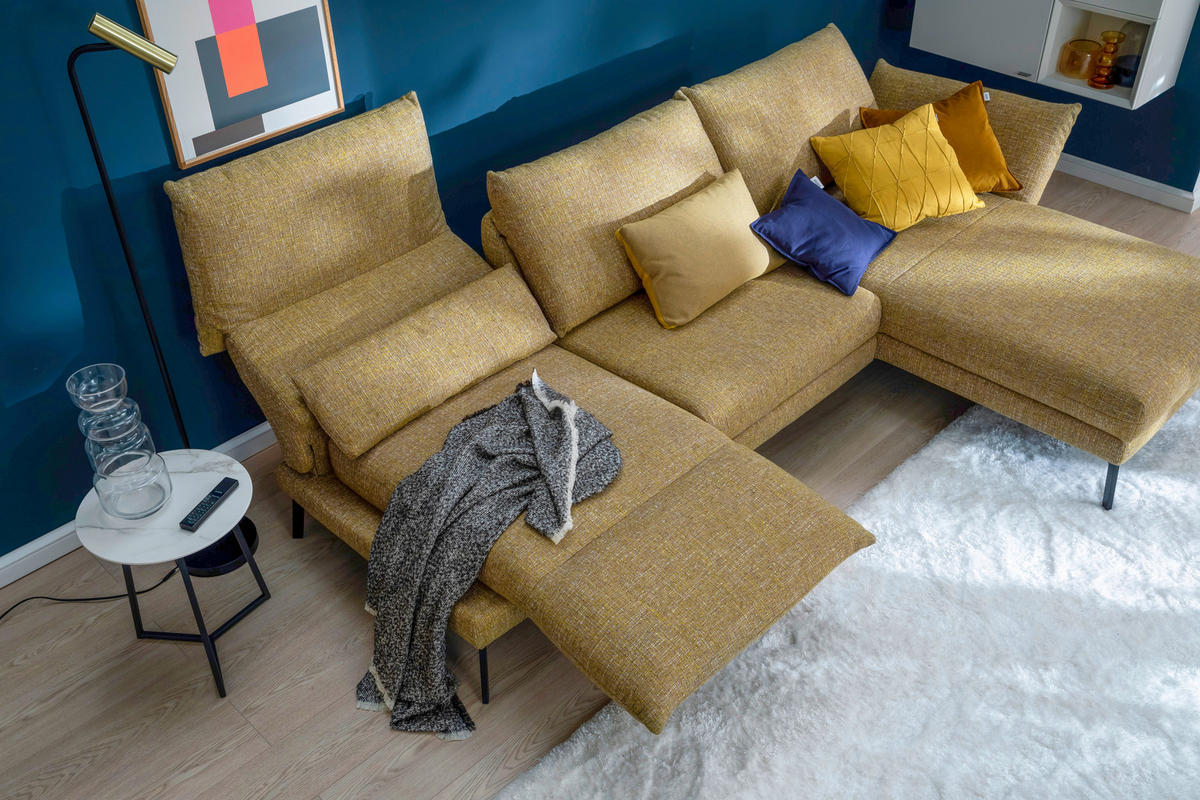 ECKSOFA  in Flachgewebe Gelb Rücken echt, Armteilverstellung, Relaxfunktion, Drehsitzfunktion  175/277 cm  - Gelb/Schwarz, Design, Textil/Metall (175/277cm) - Schöner Wohnen