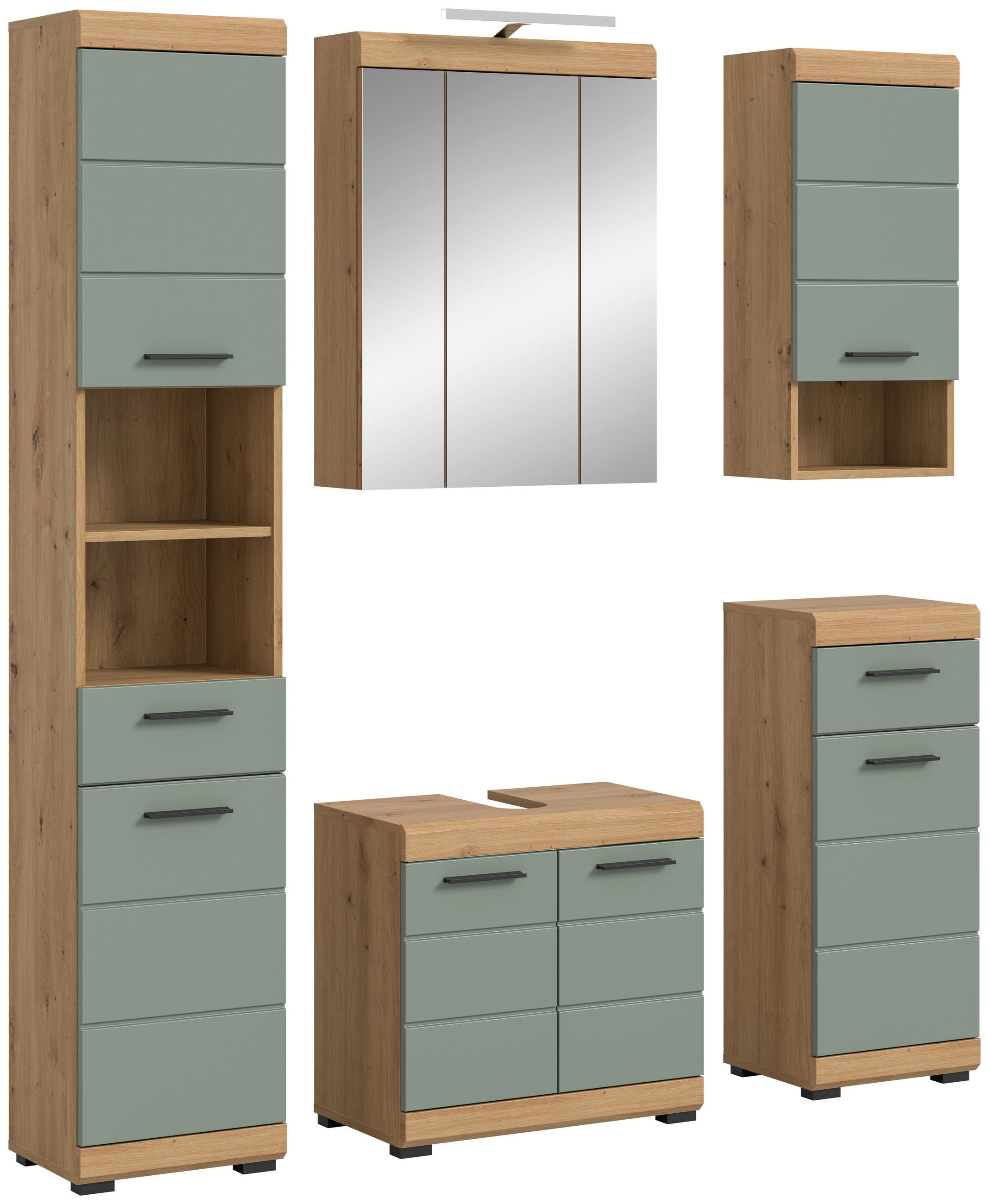 BADEZIMMER 5-teilig  in 154 cm  - Salbeigrün/Schwarz, MODERN, Glas/Holzwerkstoff (154cm) - MID.YOU