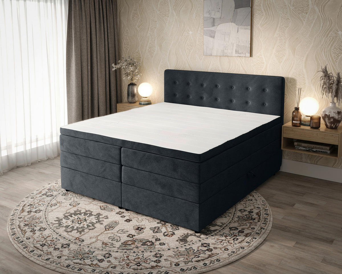 BOXSPRINGBETT 200/200 cm,  in Anthrazit, gepolstertes Kopfteil, Bettkasten, Topper, Matratzen, H3 + H4 = fest + sehr fest  - Anthrazit/Schwarz, KONVENTIONELL, Kunststoff/Textil (200/200cm) - Chameo