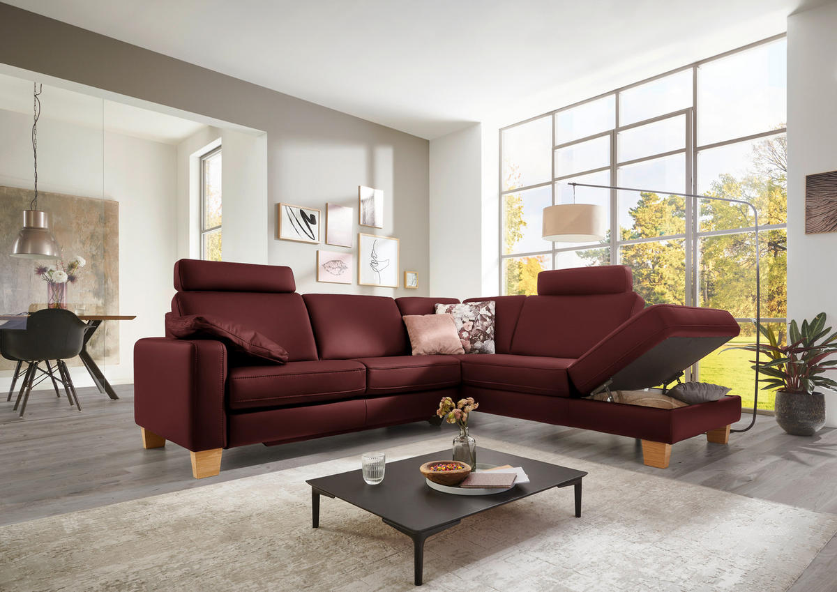 ECKSOFA in Echtleder Brombeere  - Eiche Bianco/Brombeere, Konventionell, Leder/Holz (257/235cm) - Valdera