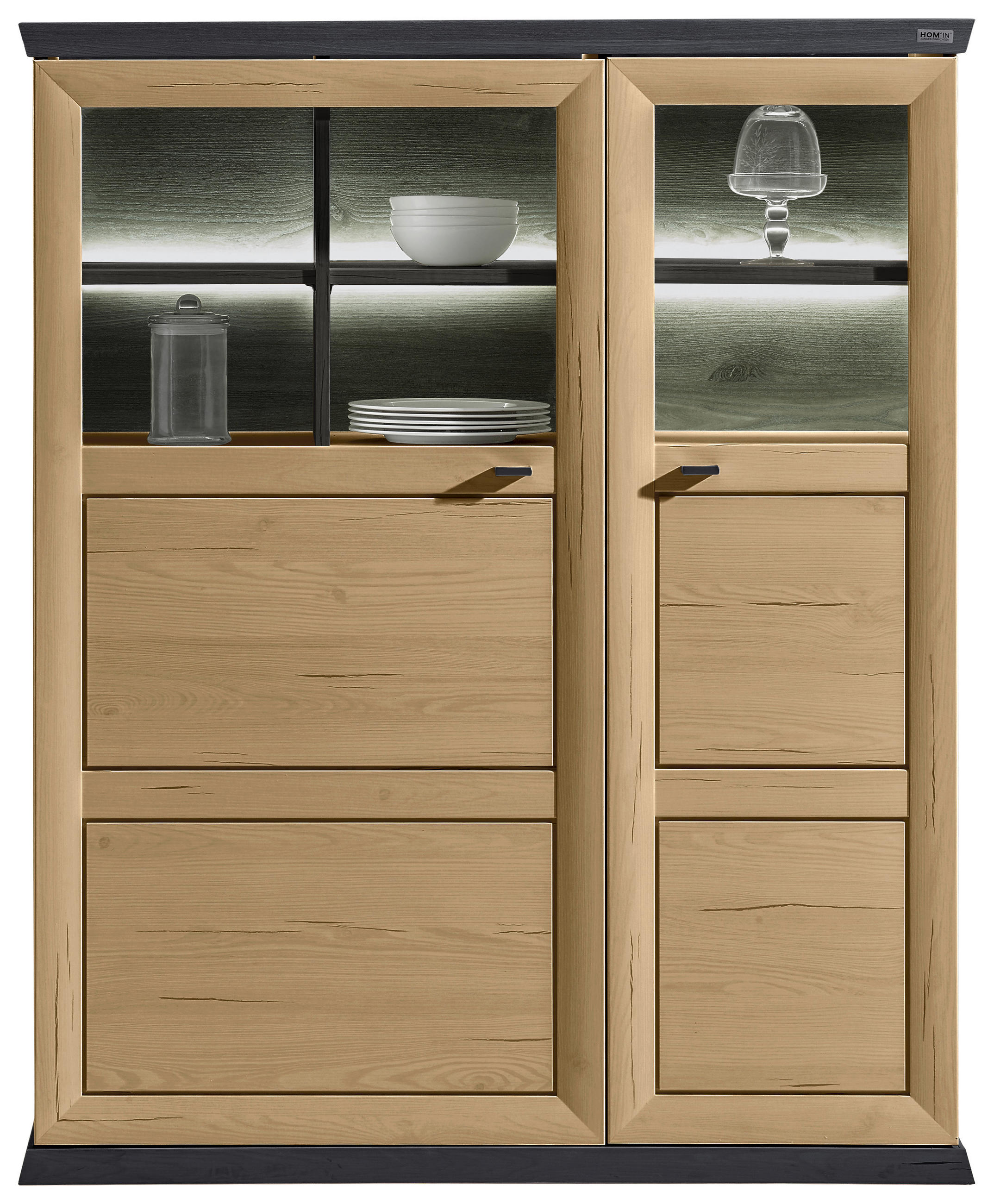 Thumbnail - Hom`in Highboard, Dunkelgrau, Eiche Artisan, Holzwerkstoff, 3 Fächer, 110x134x43 cm, Typenauswahl, Wohnzimmer, Kommoden ...