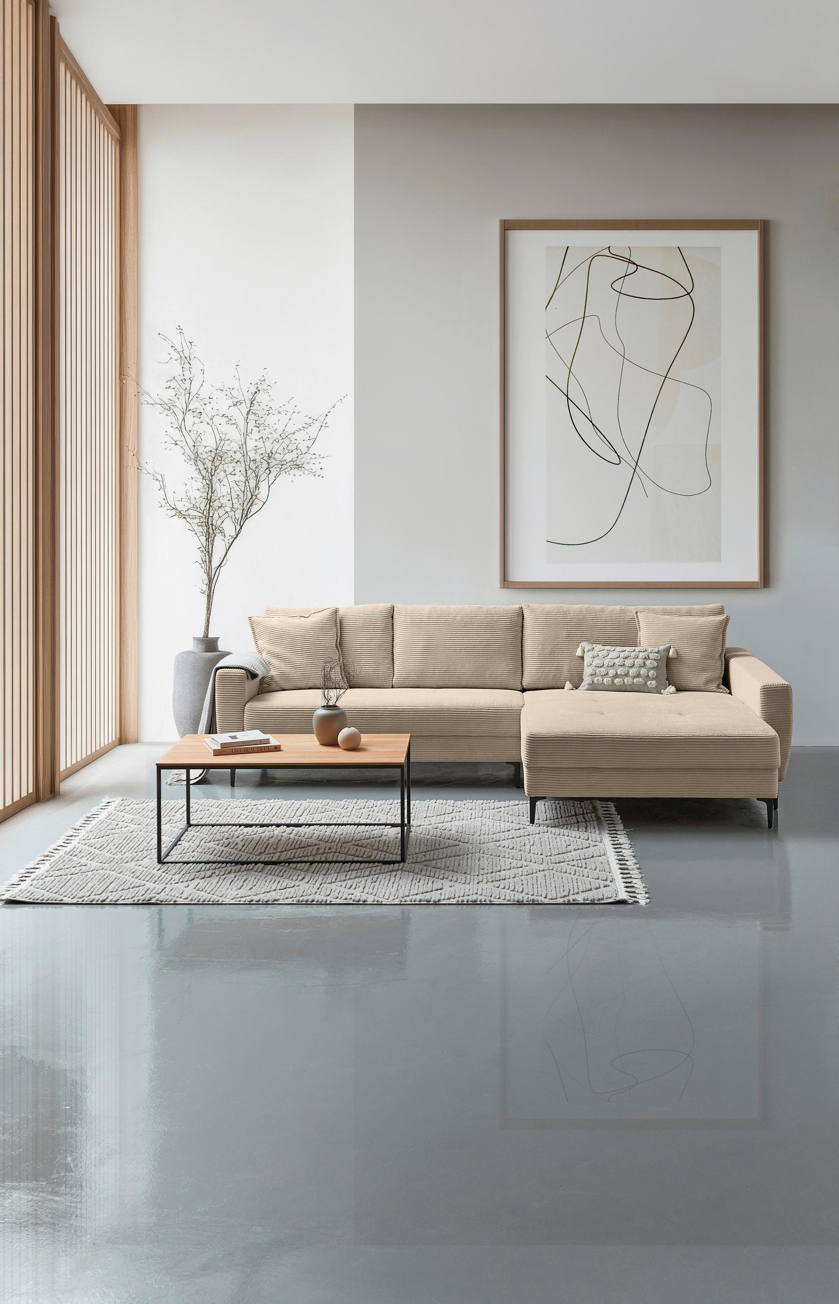 ECKSOFA Beige Velours  - Beige/Schwarz, Design, Textil/Metall (283/174cm) - Xora