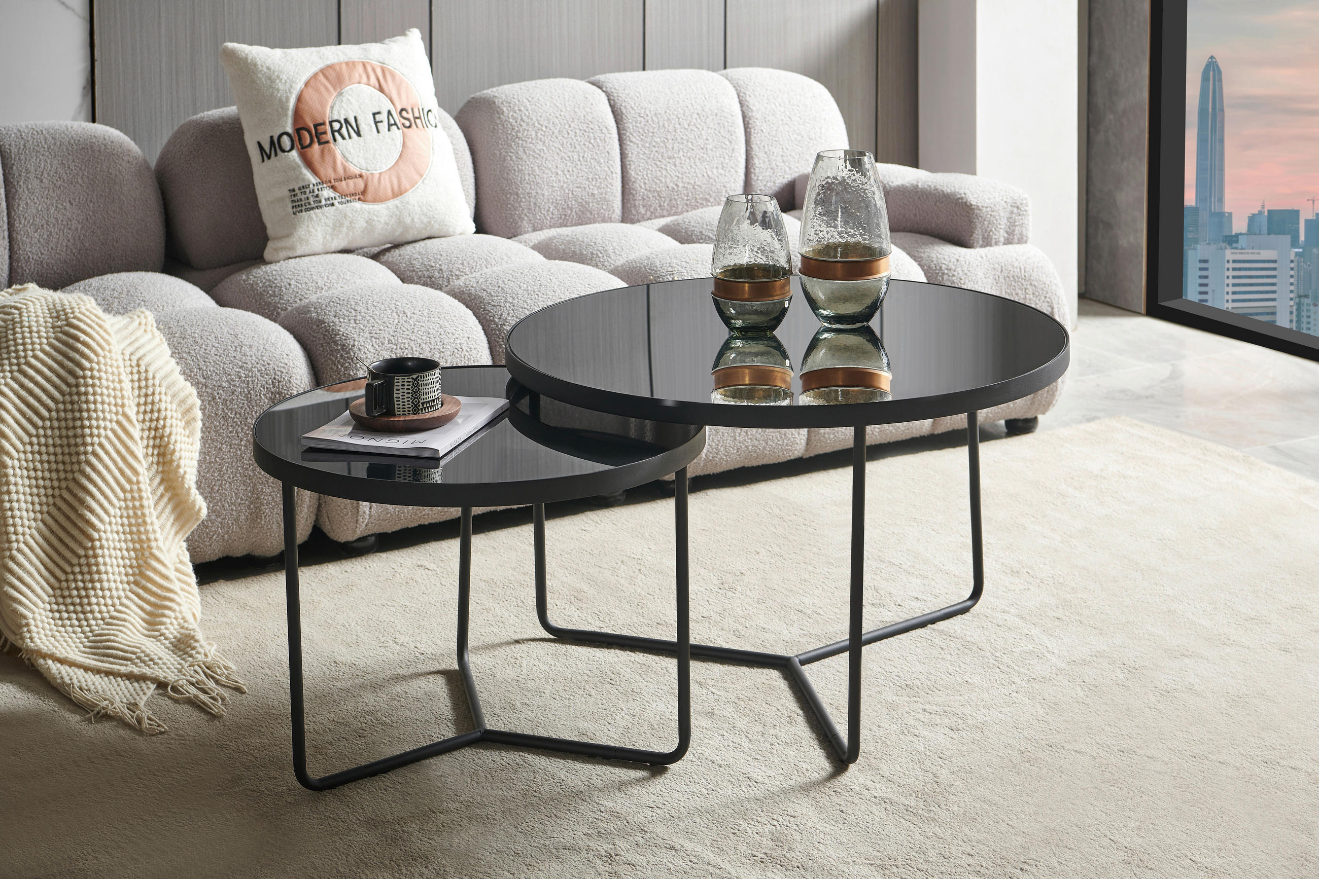 COUCHTISCHSET in Metall, Glas 60-80/60-80/44.5-49.5 cm  - Schwarz, Design, Glas/Metall (60-80/60-80/44.5-49.5cm) - MID.YOU