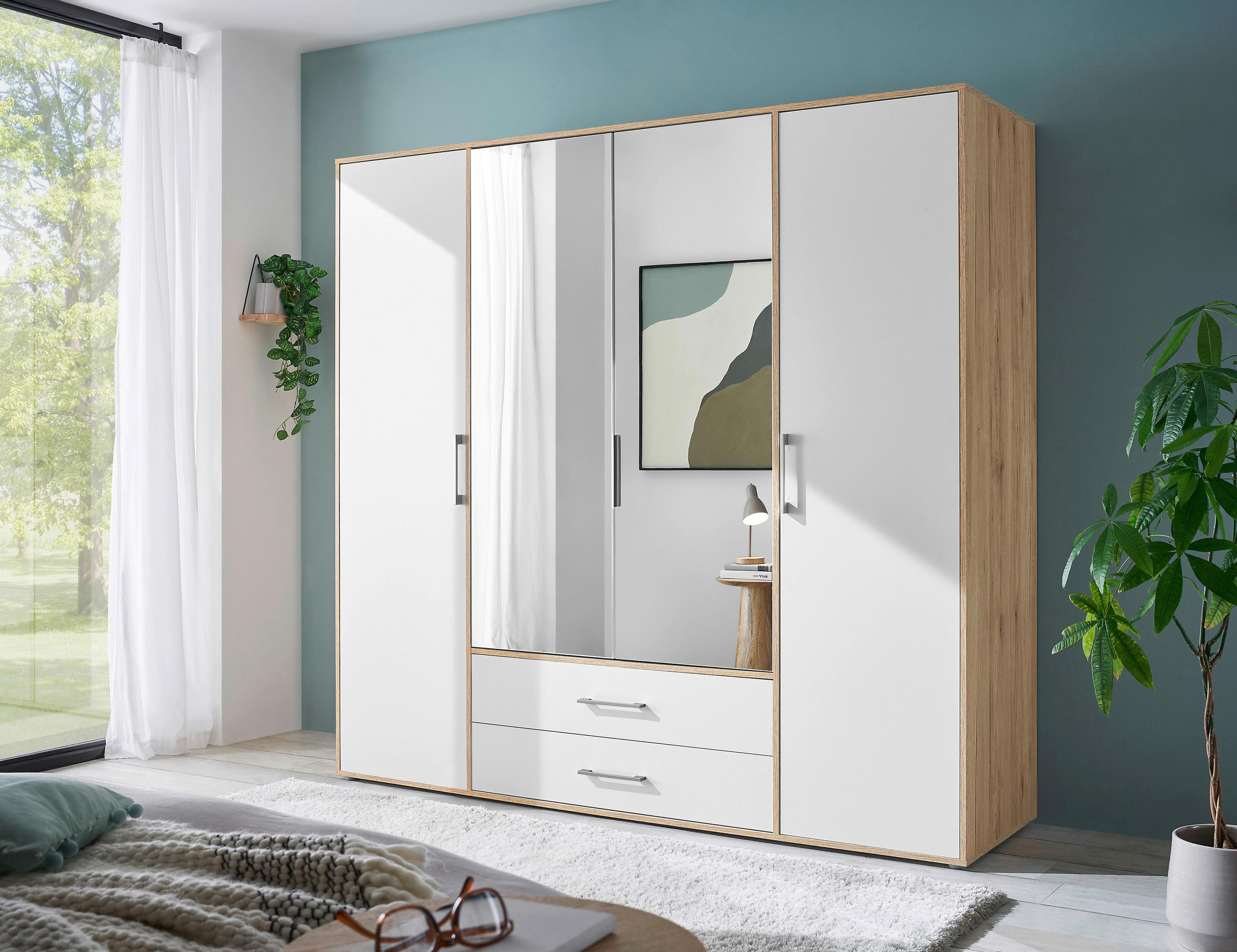 KLEIDERSCHRANK 206/195/60 cm 4-türig Weiß, Eiche Artisan  - Alufarben/Weiß, Basics, Glas/Holzwerkstoff (206/195/60cm)