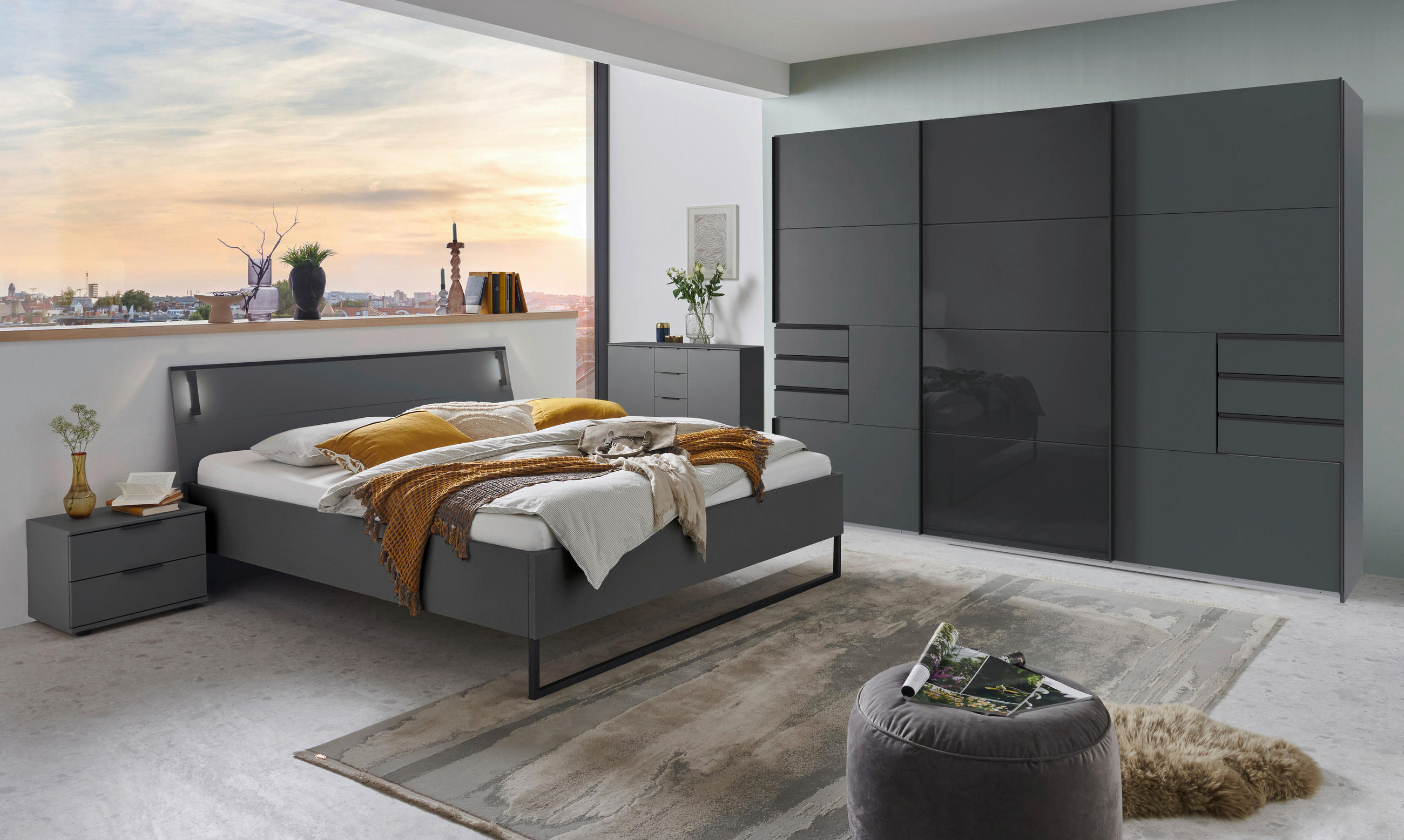 SCHWEBETÜRENSCHRANK 270/208/64 cm 3-türig Graphitfarben, Schwarz  - Schwarz/Graphitfarben, Design, Glas/Holzwerkstoff (270/208/64cm) - Carryhome