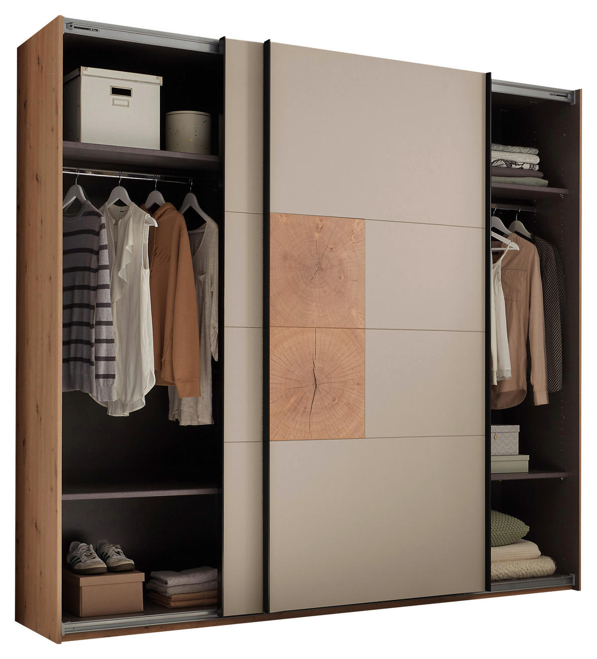 SCHWEBETÜRENSCHRANK  in Kaschmir, Eiche Artisan  - Kaschmir/Schwarz, KONVENTIONELL, Holzwerkstoff/Metall (240/225,5/63,7cm) - Xora