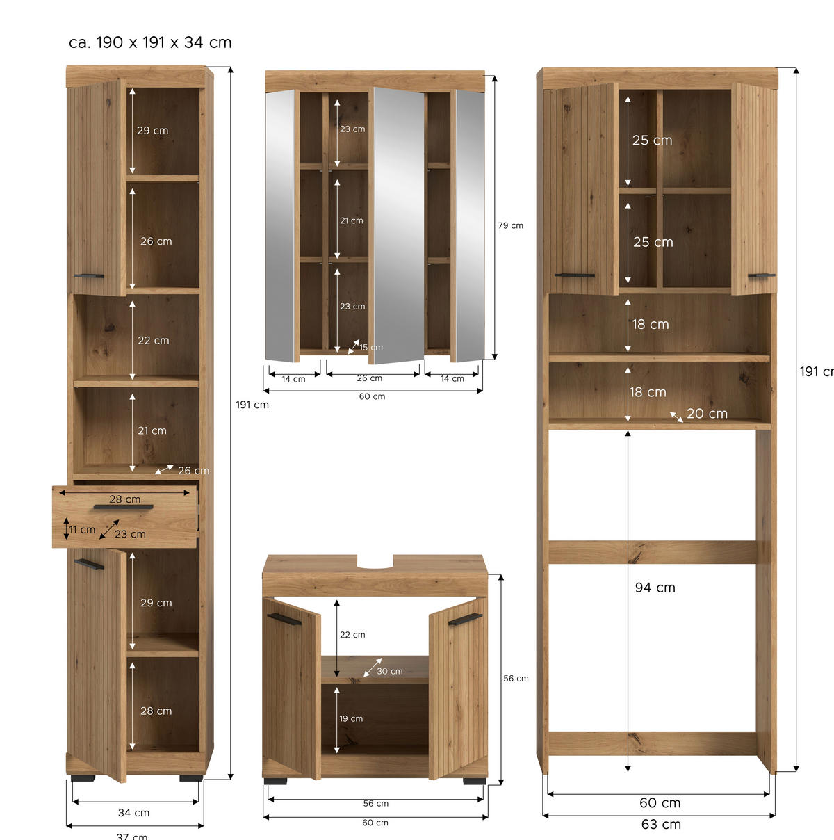 BADRUM 160 cm  - svart/ek Artisan, Trend, trämaterial/glas (160cm) - MID.YOU