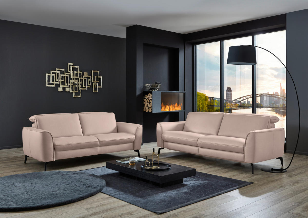 3-SITZER-SOFA in Echtleder Taupe  - Taupe/Schwarz, Natur, Leder/Metall (222/81/110cm) - Valdera