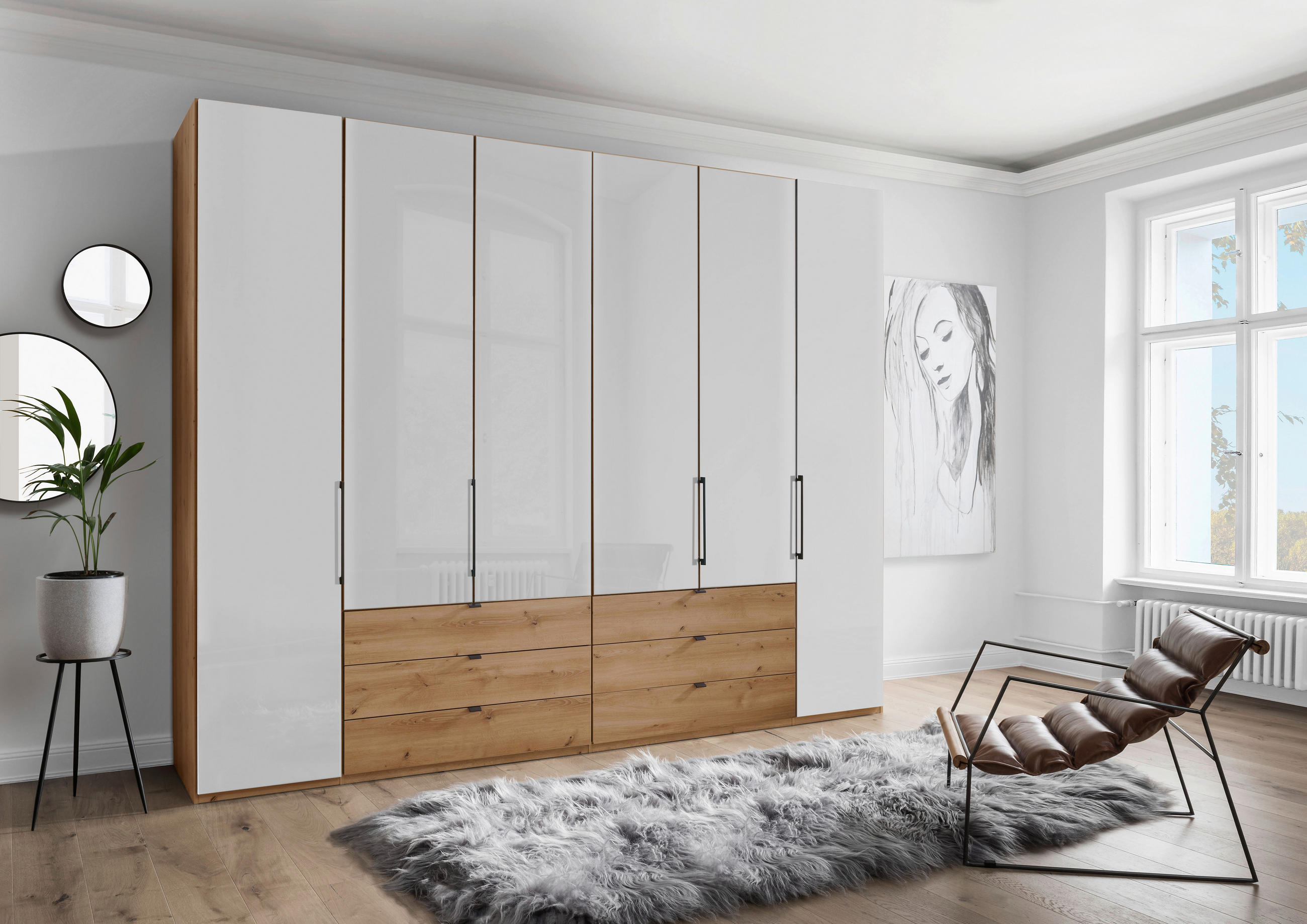 DREHTÜRENSCHRANK in Weiss, Eiche Bianco  - Schieferfarben/Weiss, Konventionell, Glas/Holzwerkstoff (300/236/58cm) - Dieter Knoll
