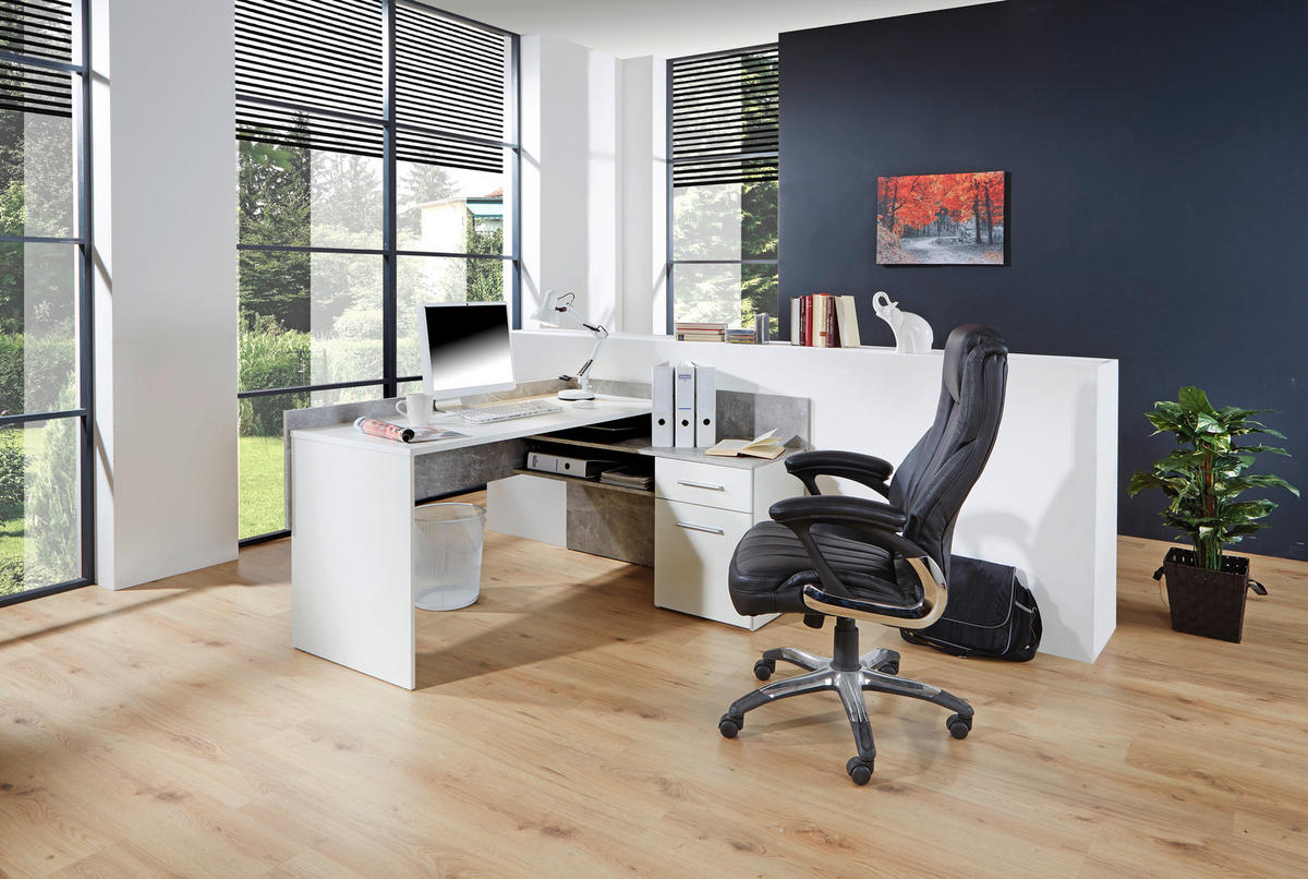 KOTNA PISALNA MIZA leseni material bela, temno siva  - temno siva/bela, Moderno, umetna masa/leseni material (141,6/80,5/124cm) - Carryhome