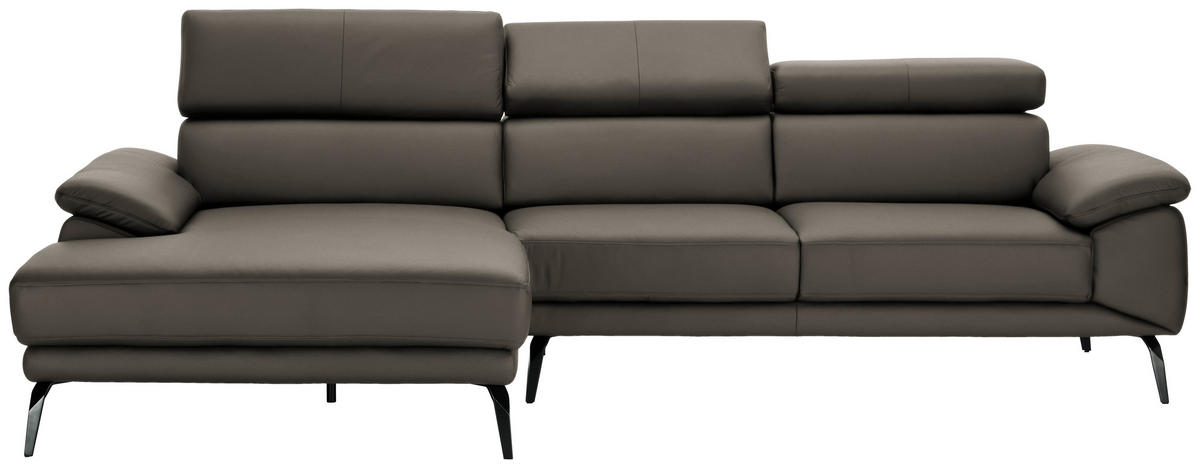 ECKSOFA in Echtleder Graubraun  - Graubraun/Schwarz, Design, Leder/Metall (187/295cm) - Novel