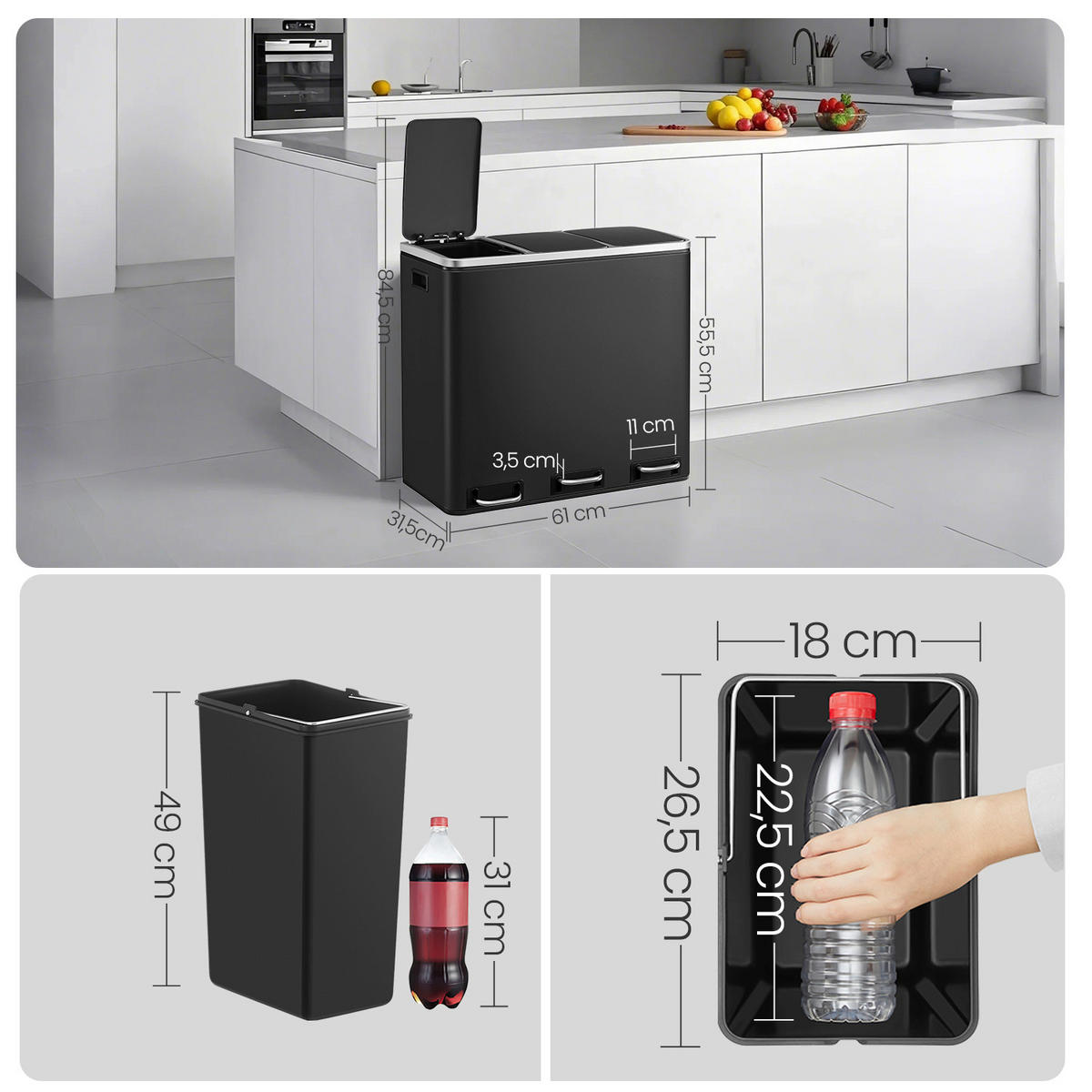 KÔŠ NA ODPADKY  54 l - čierna/strieborná, Basics, kov/plast (61/55,5/34cm)