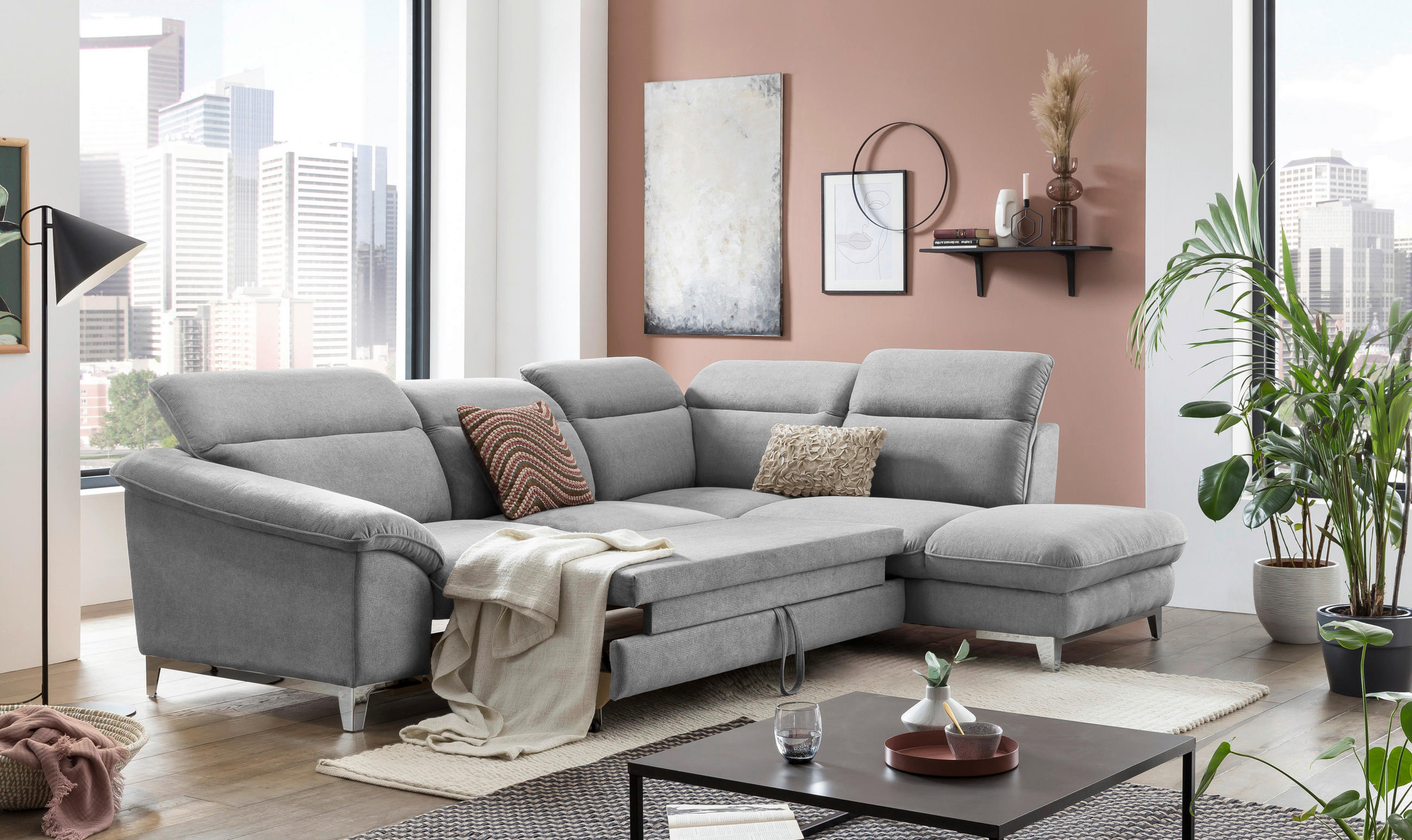 ECKSOFA in Chenille Hellgrau  - Chromfarben/Hellgrau, Design, Textil/Metall (293/232cm) - Livetastic