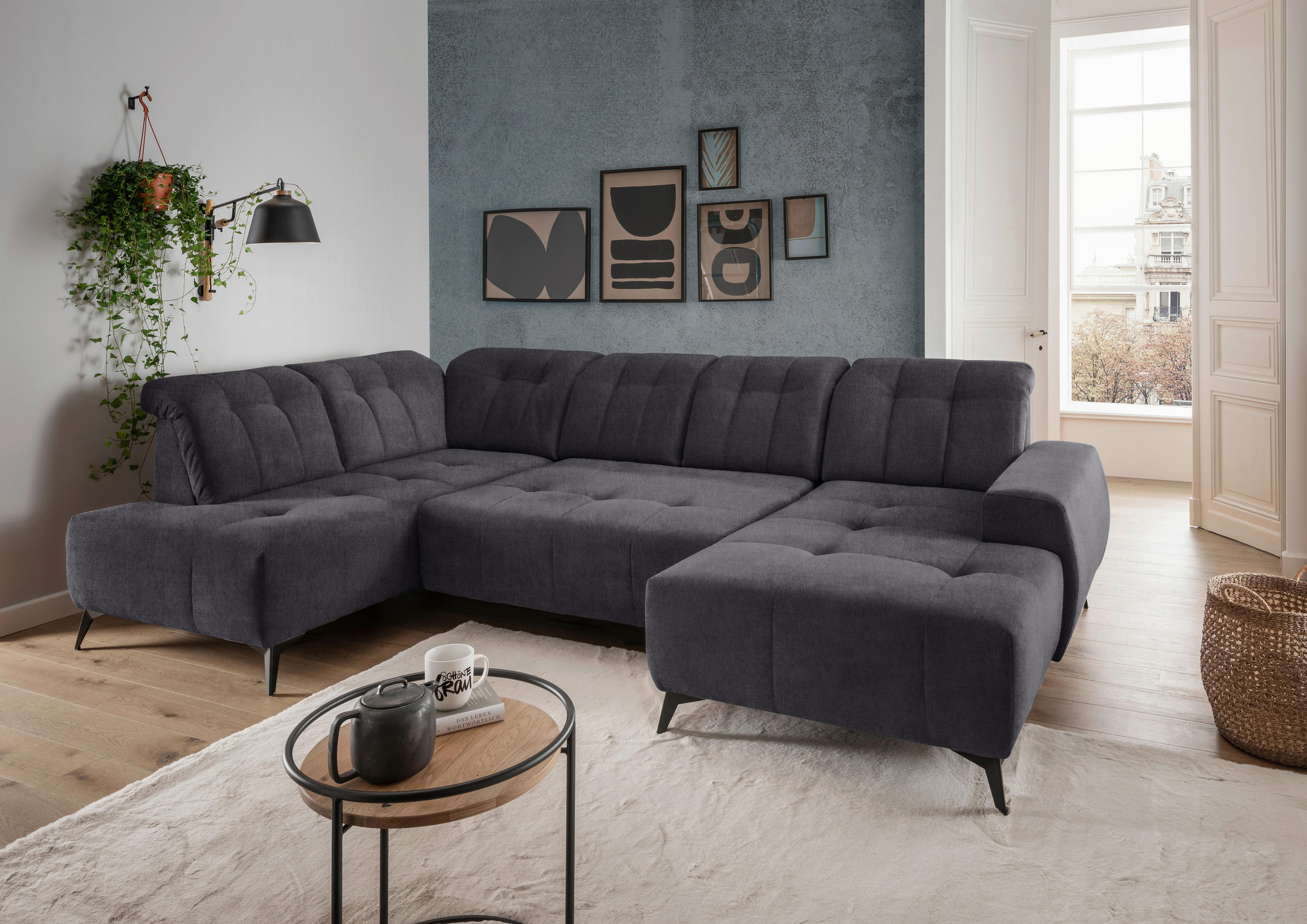 WOHNLANDSCHAFT in Mikrofaser Anthrazit  - Anthrazit/Schwarz, Modern, Textil/Metall (200/337/180cm) - Livetastic