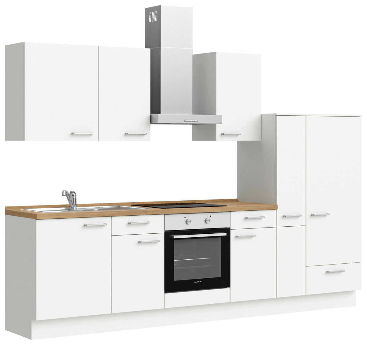 KÜCHENBLOCK Touch 300 cm  in Weiß, Eichefarben  - Edelstahlfarben/Eichefarben, MODERN, Holzwerkstoff/Metall (300cm) - Nobilia