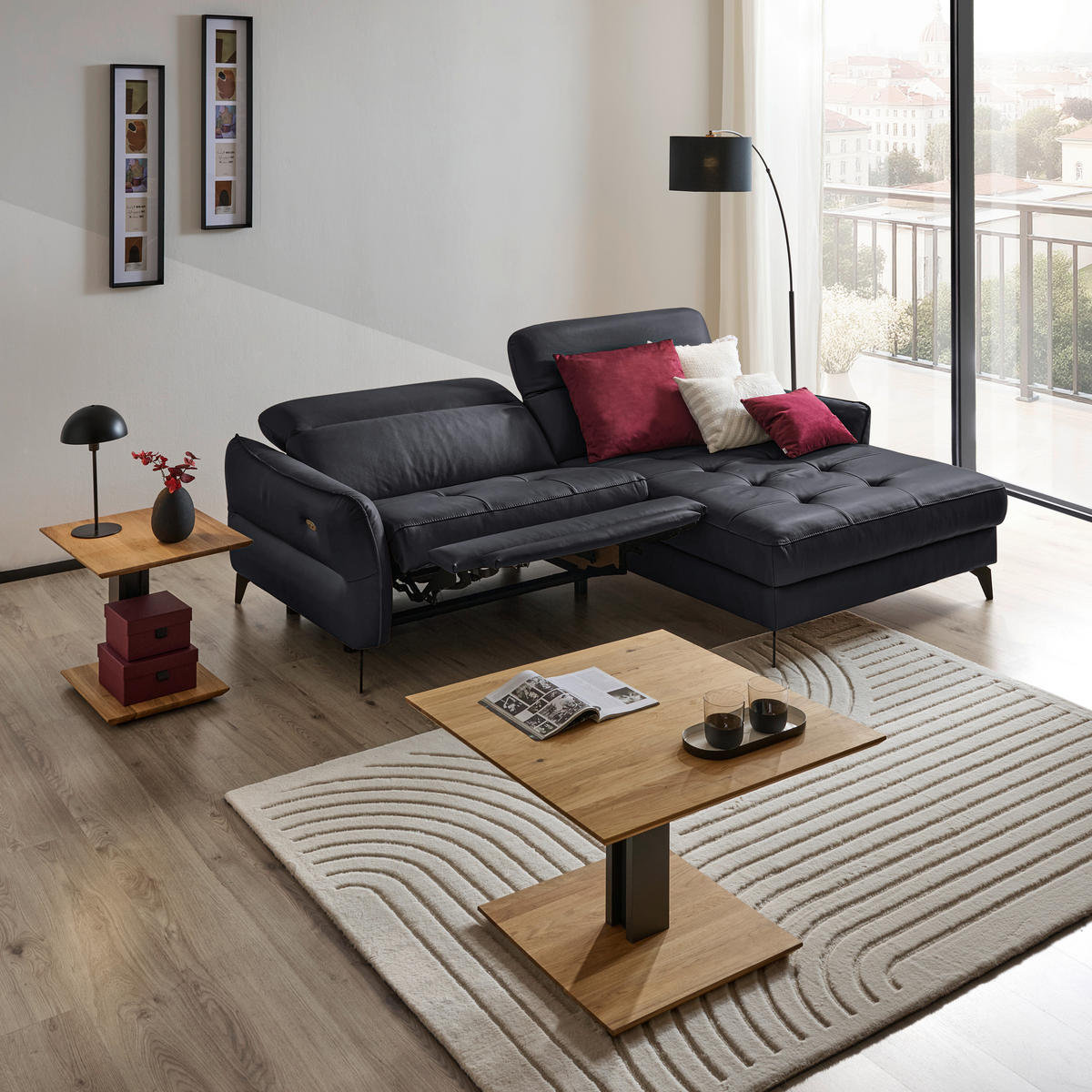 ECKSOFA inkl. Funktionen Schwarz Echtleder  - Schwarz, Design, Leder/Metall (246/175cm) - Celina Home