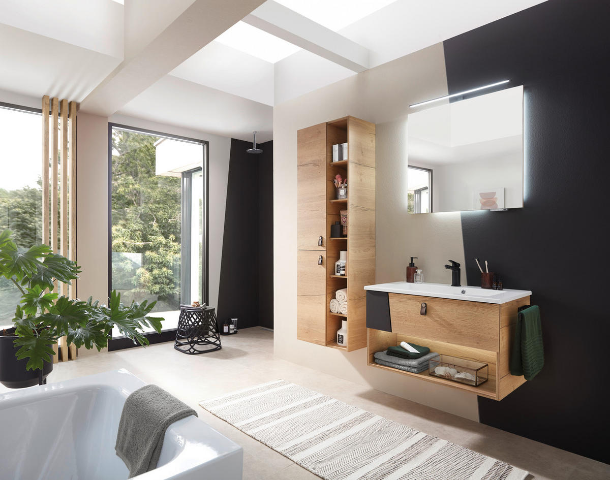 WASCHTISCHKOMBI 78 cm  - Eichefarben/Schwarz, KONVENTIONELL, Leder/Glas (78cm) - Sadena