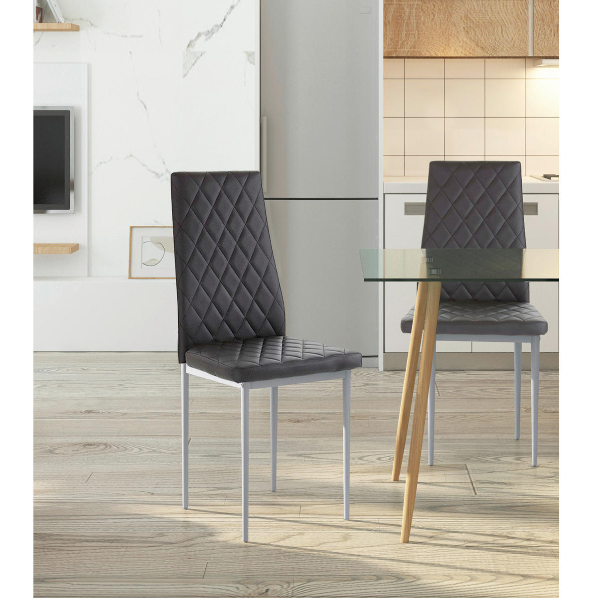 STUHL-SET Lederlook Schwarz  - Schwarz/Grau, Design, Leder/Metall (42/98/53cm) - MID.YOU