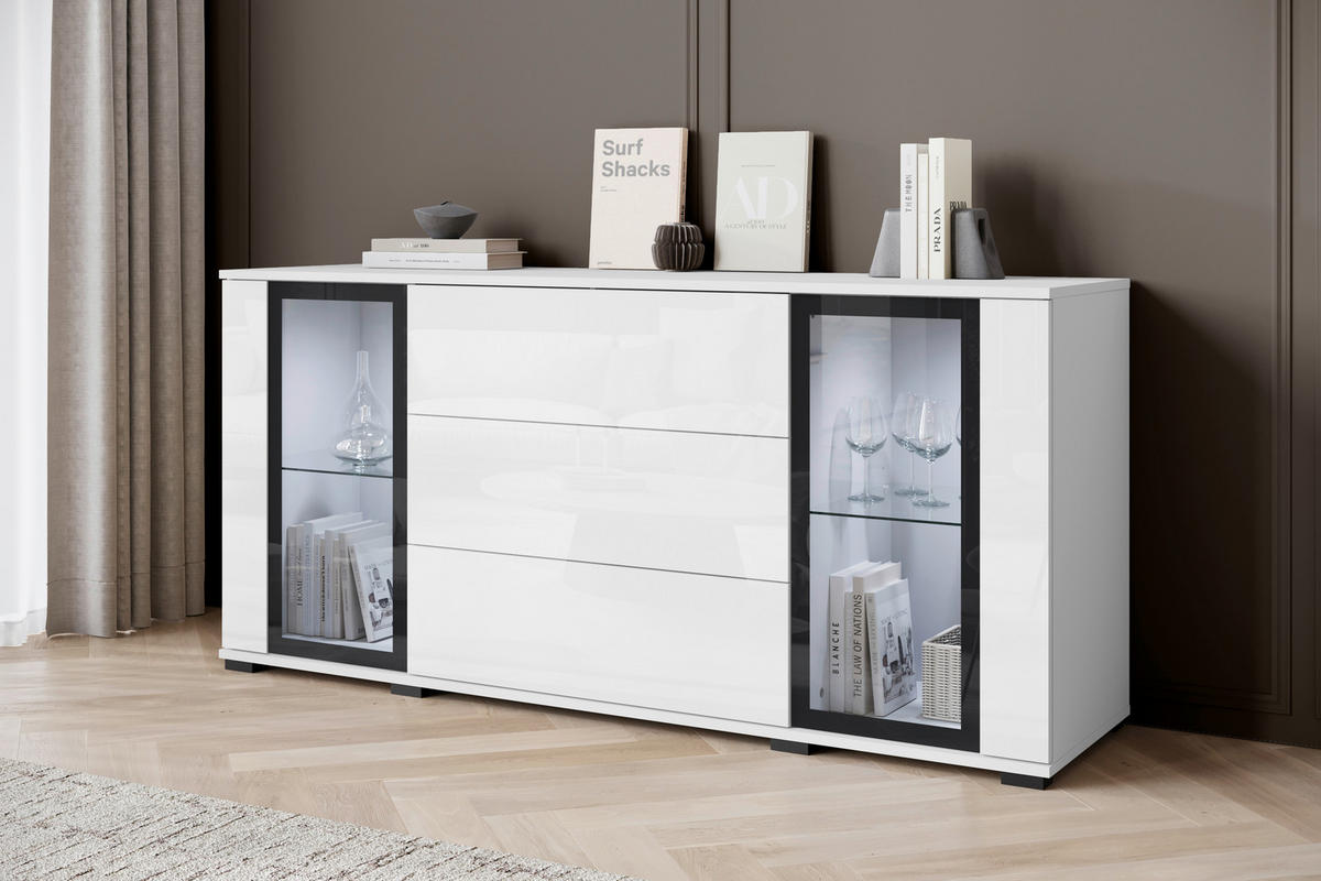 KOMODA, bela, bela, visoki sijaj  - črna/bela, Design, umetna masa/steklo (150/69,7/39,5cm) - Livetastic