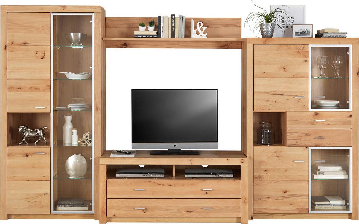 WOHNWAND  in Buchefarben 322/196/50 cm  - Buchefarben/Alufarben, Konventionell, Glas/Holz (322/196/50cm) - Cantus