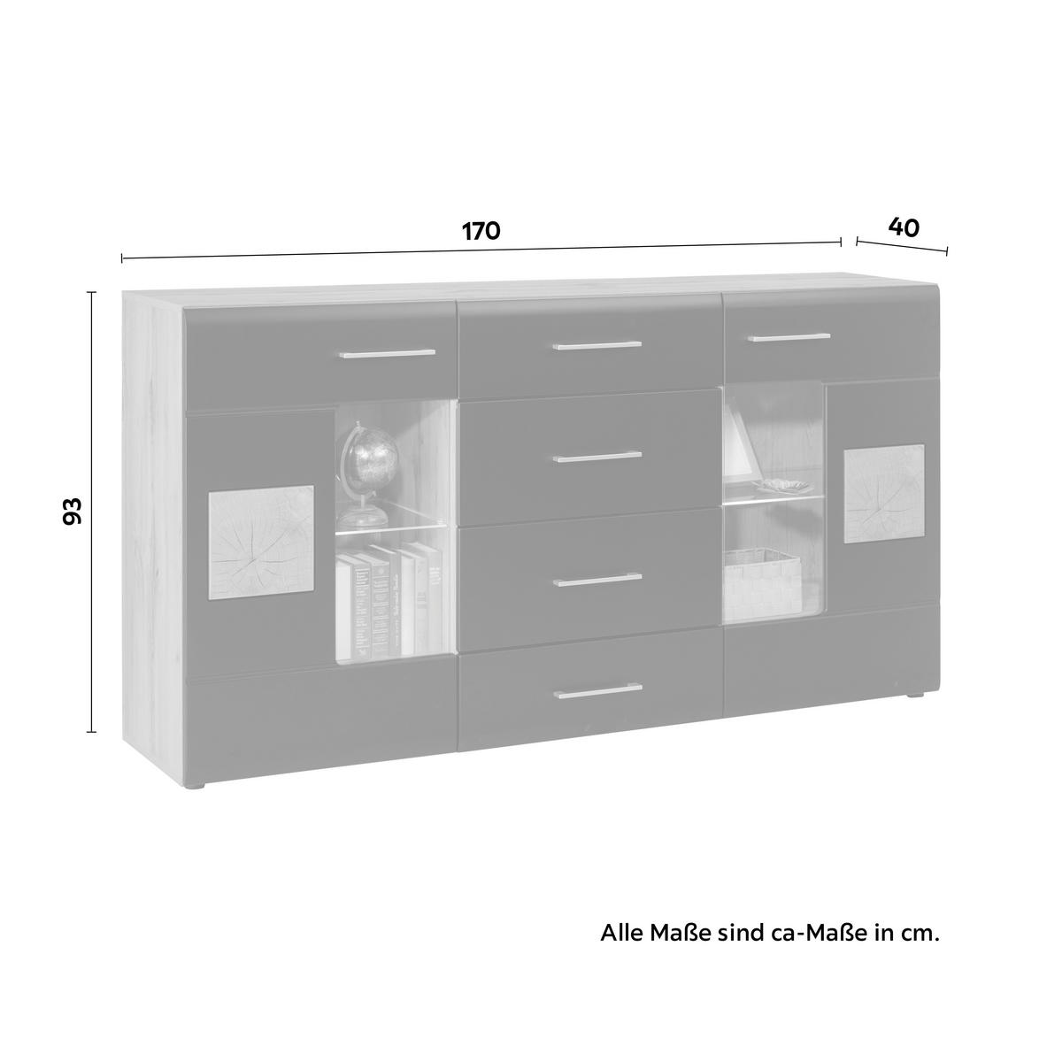 Comodă cu uşi 170/93/40 cm  - culoare crom/culoare lemn stejar, Konventionell, sticlă/metal (170/93/40cm) - Hom`in