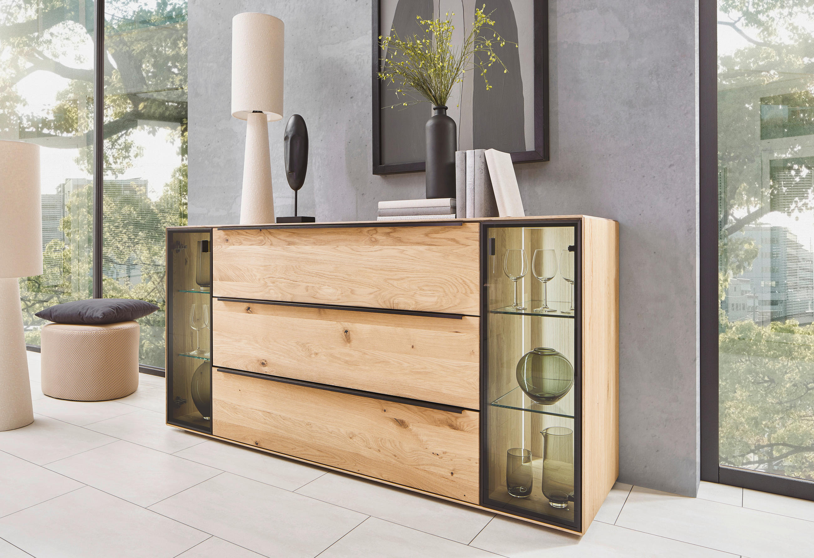 SIDEBOARD Eichefarben  182/90,3/47,1 cm  - Eichefarben/Anthrazit, Natur, Glas/Holz (182/90,3/47,1cm) - Valnatura