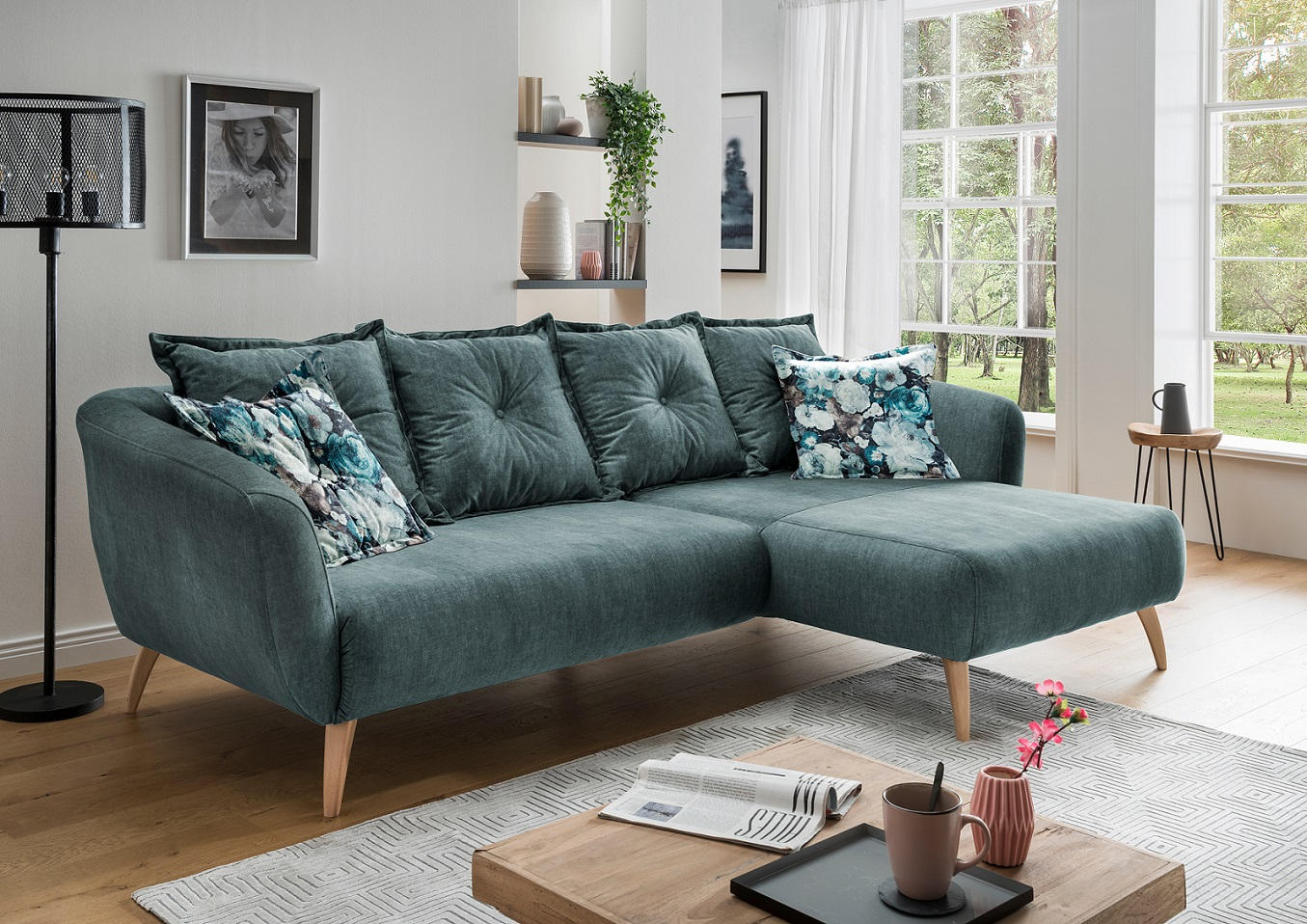 ECKSOFA Blau, Multicolor Velours  - Blau/Buchefarben, MODERN, Holz/Textil (277/162cm) - Livetastic