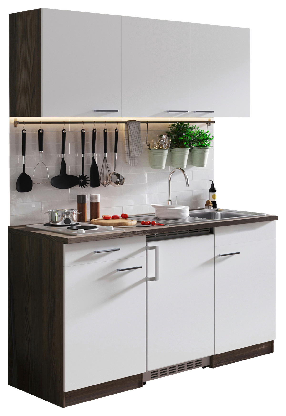 MINIKÜCHE 150 cm   in Weiß  - Eichefarben/Alufarben, Basics, Holzwerkstoff/Kunststoff (150cm) - Respekta