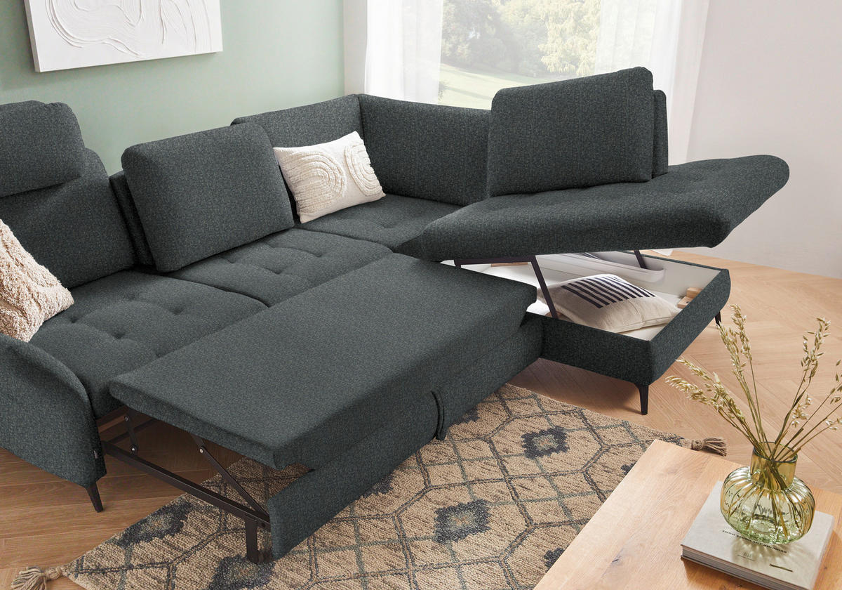 ECKSOFA in Struktur Dunkelgrau  - Dunkelgrau/Schwarz, Natur, Textil/Metall (288/233cm) - Valnatura
