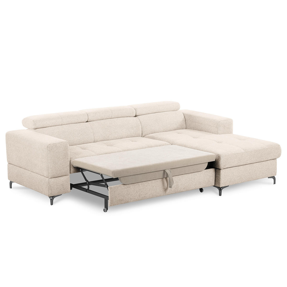 ECKSOFA TORINO Beige Chenille Bettkasten, Kopfteilverstellung  - Beige/Schwarzchrom, Design, Textil/Metall (247/173cm) - Livetastic